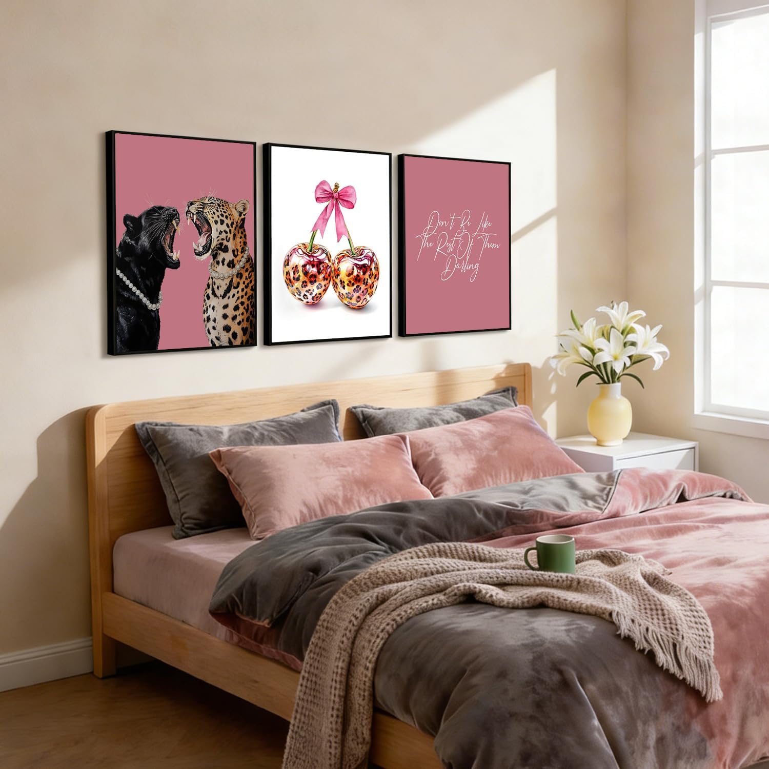 3Pcs Pink Cheetah Wall Art Fashion Leopard Print Posters Prints Cute Cherry Bow Canvas Wall Decor Playful Preppy Style Aesthetic Pictures Paintings Girl's Room Decoration 16x24 inch Unframed image 2