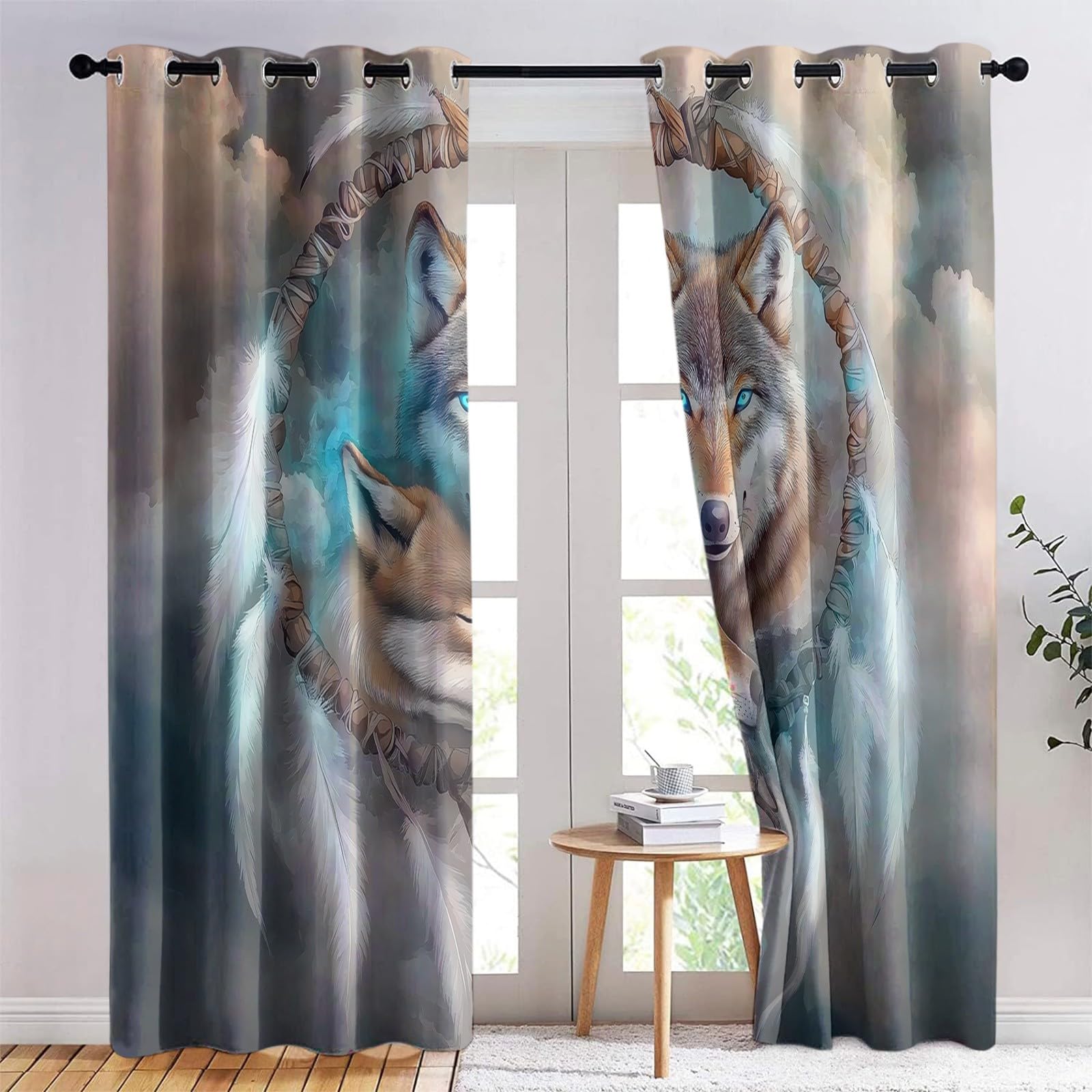 Generisch H215 x B220 cm Vorhang Wärmeisolierend Set, Traumfänger Blickdichte Gardinen, Traumfänger Feder Wolf Thermo Vorhänge für Schlafzimmer Wohnzimmer Kinderzimmer Küche Fensterdekoration