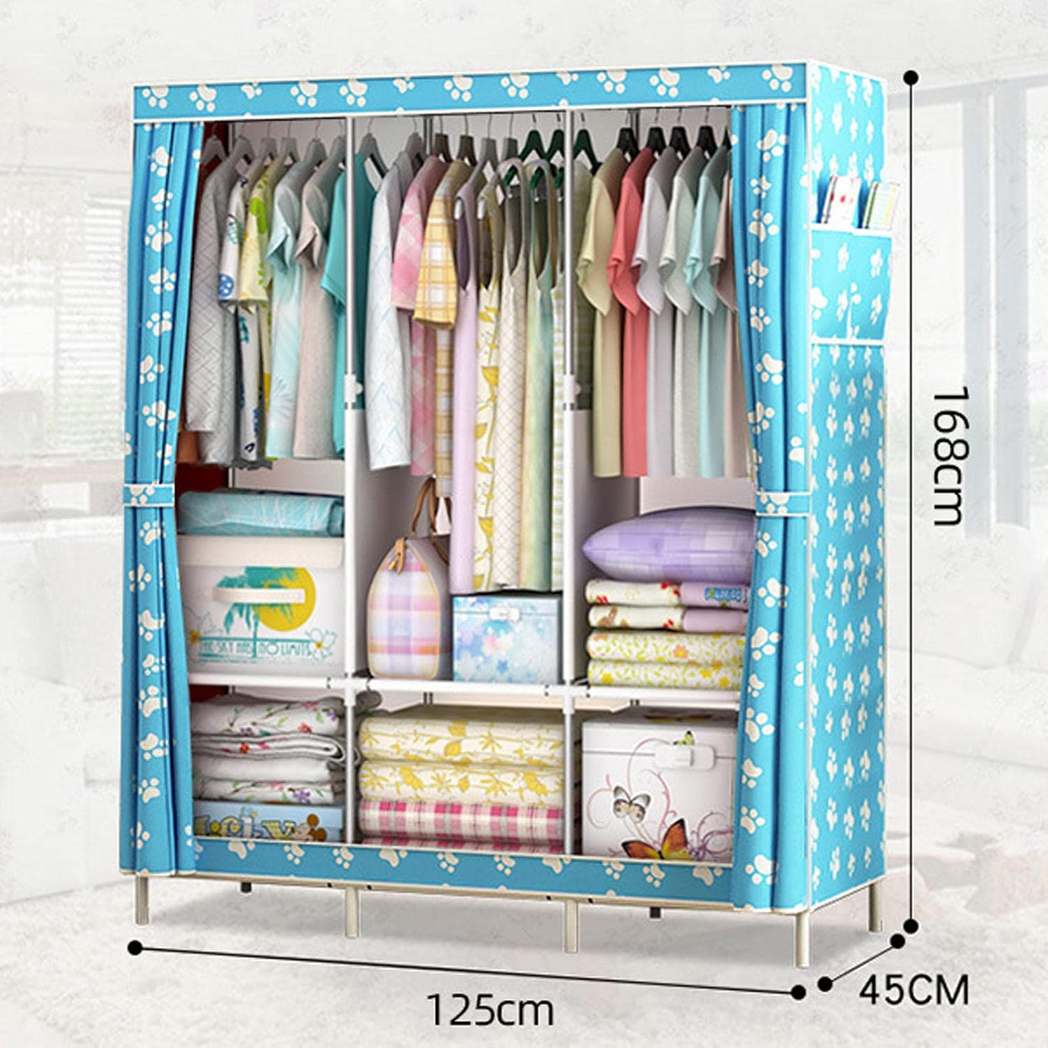 Portable Canvas Wardrobe, Foldable Clothes Closet Storage Organizer with Hanging Rail, Shelves, Side Pockets, Fabric Wardrobe for Clothes, Bags,Grey-125x45x168cm