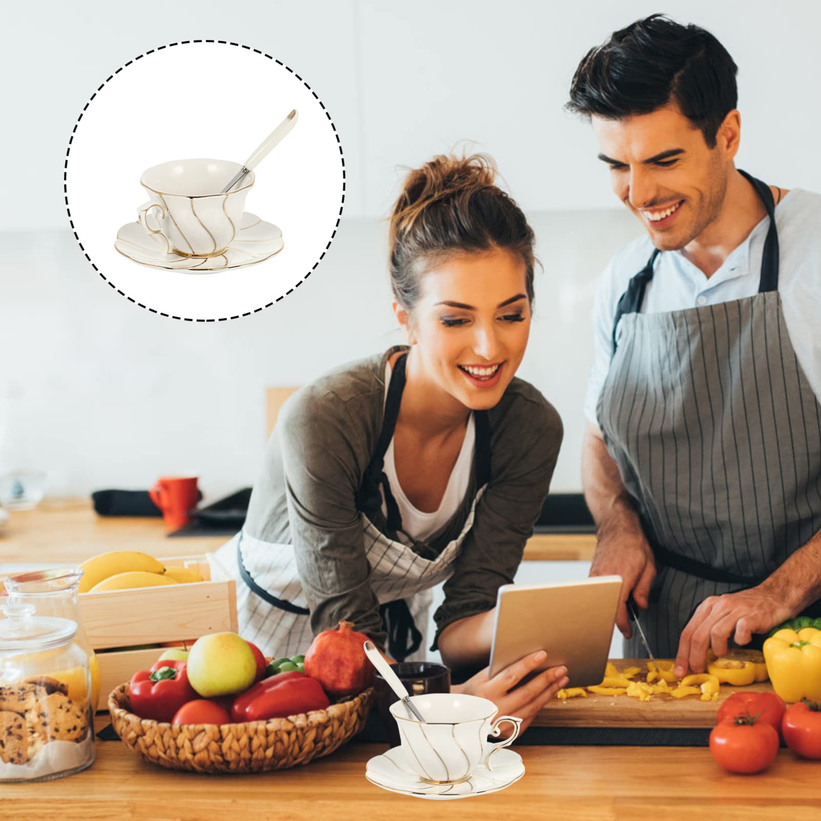 MAGICLULU Set Di Tazze E Piattini in Ceramica Di Alta Qualità Con Motivo A Filo 1 Tazza E 1 Piattino Per Caffè E Tè