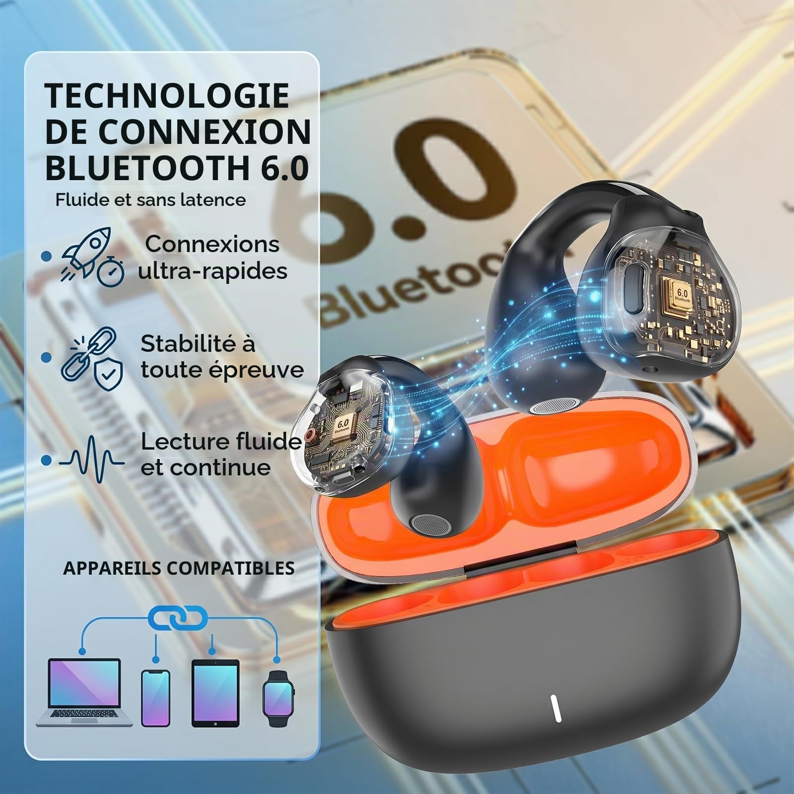 Écouteurs Bluetooth 6.0 à Clipser, Oreillettes Ouvertes avec Boutons physiques et Micro ENC antibruit, Maintien sécurisé pour la Course et l'entraînement, Son HiFi, autonomie 32h