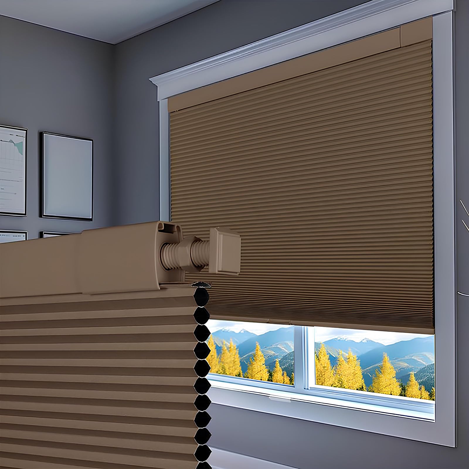 ZAOPAI No Drill Cordless Cellular Blinds Blackout Custom Honeycomb Shade Privacy Insulation Window Blinds for Home Easy Fit Pleated Shades for Bedroom Office (Brown, 150cm W x 150cm H)