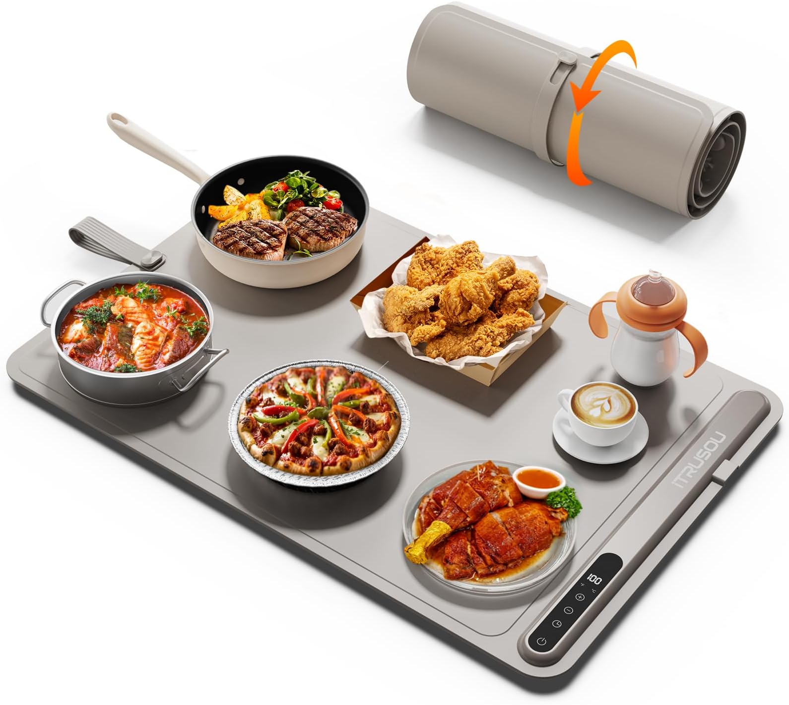 Warming Mat for Food (24"x16") - iTRUSOU 7-Level Electric Warming Tray with 400W High-Power, Timer 0–99H & Built-In Strap - Rollable Large Food Warming Mat for Parties & Buffet