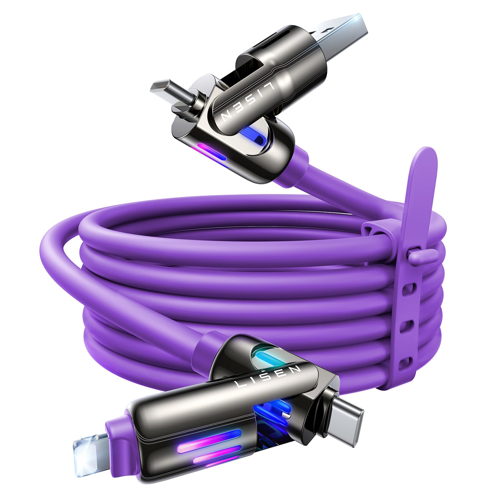 LISEN 240W Chubby USB C to USB C, 4 in 1 Charging Cable (6.6FT) with Light, USB A/C to C/L Multi Charging Cable for iPhone 16 15 14 Pro Max/MacBook/iPad Pro/SamSungS24,Purple