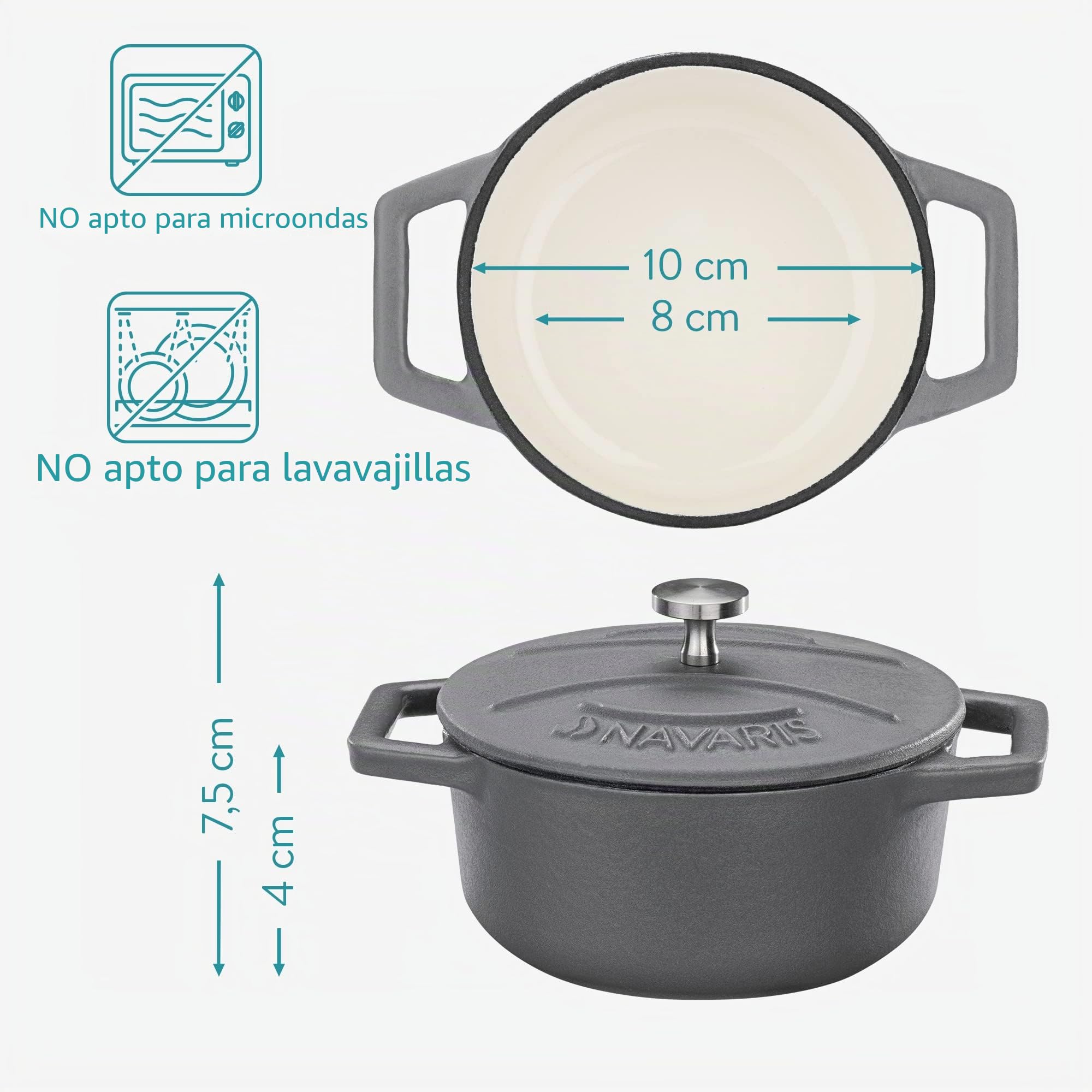 Navaris Set de Cacerolas de Hierro Fundido - 4X Mini Cazuela Cacerola Esmaltada de 290 ml - Set de Cazuelitas Individuales Cocotte con Tapa Aptas para Horno y Lavavajillas