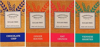 Farmhouse Sugar Free Luxury Cookies Selection - Viennese Shorties, Oat Crunch Cookies, Ginger Cookies & Choc Chip Cookies 150g Each