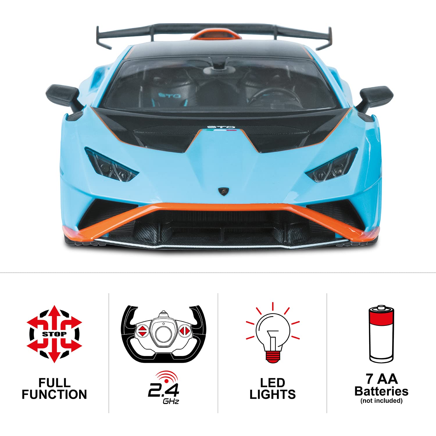 Mondo Motors, LAMBORGHINI HURACAN STO 2.4GHz, Modello in Scala 1: 14, fino a 10 km/h di Velocità, Auto Giocattolo per Bambini 63707, azzuro
