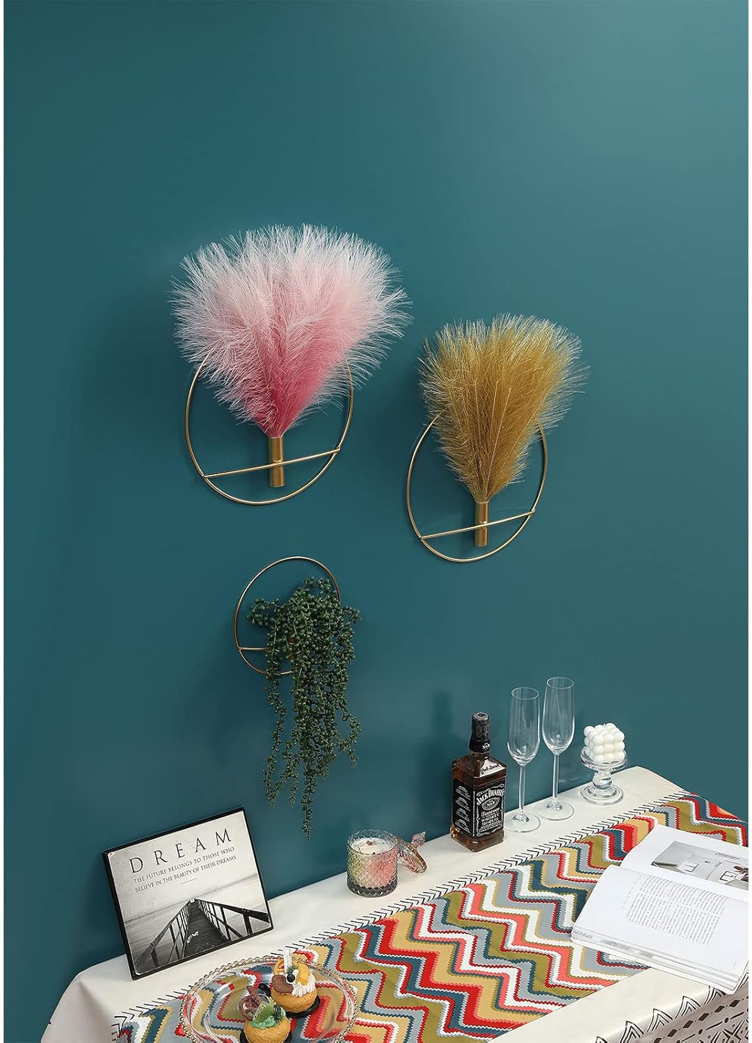 Pretty Jolly Boho Wall Art, Hanging Artificial Pampas Display, 2 Pack Gold for Living Room, Bedroom, Bathroom, Dining Room