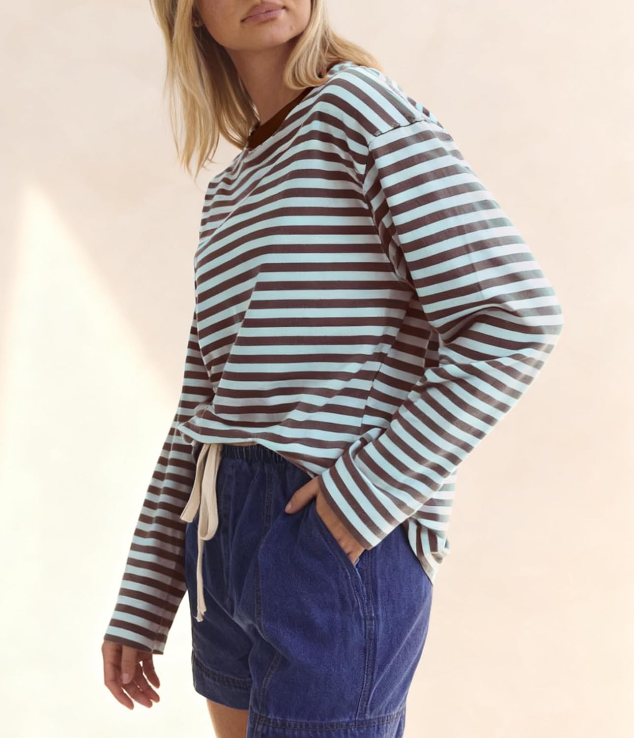 NUFIWI Striped Long Sleeve Shirts for Women Y2k Drop Shoulder Crew Neck Sweatshirts Fall Oversized Cropped T Shirts - Image 4