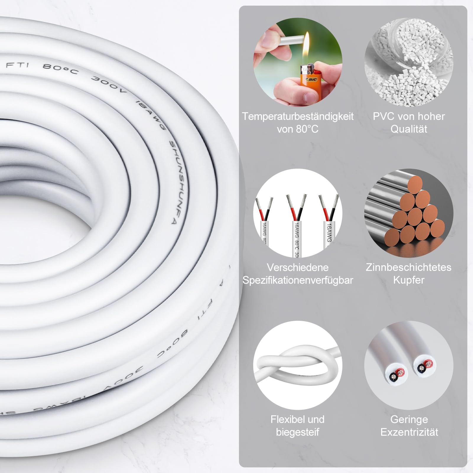 16AWG 2x1,5mm² 20Meter Elektrokabel 2-adrig Kabel, 5V/12V/24V Erdkabel Weiß Verzinnte Kupferkabel, 300V flexibel und weich Stromkabel hohe Temperaturbeständigkeit Verlängerungskabel 20m