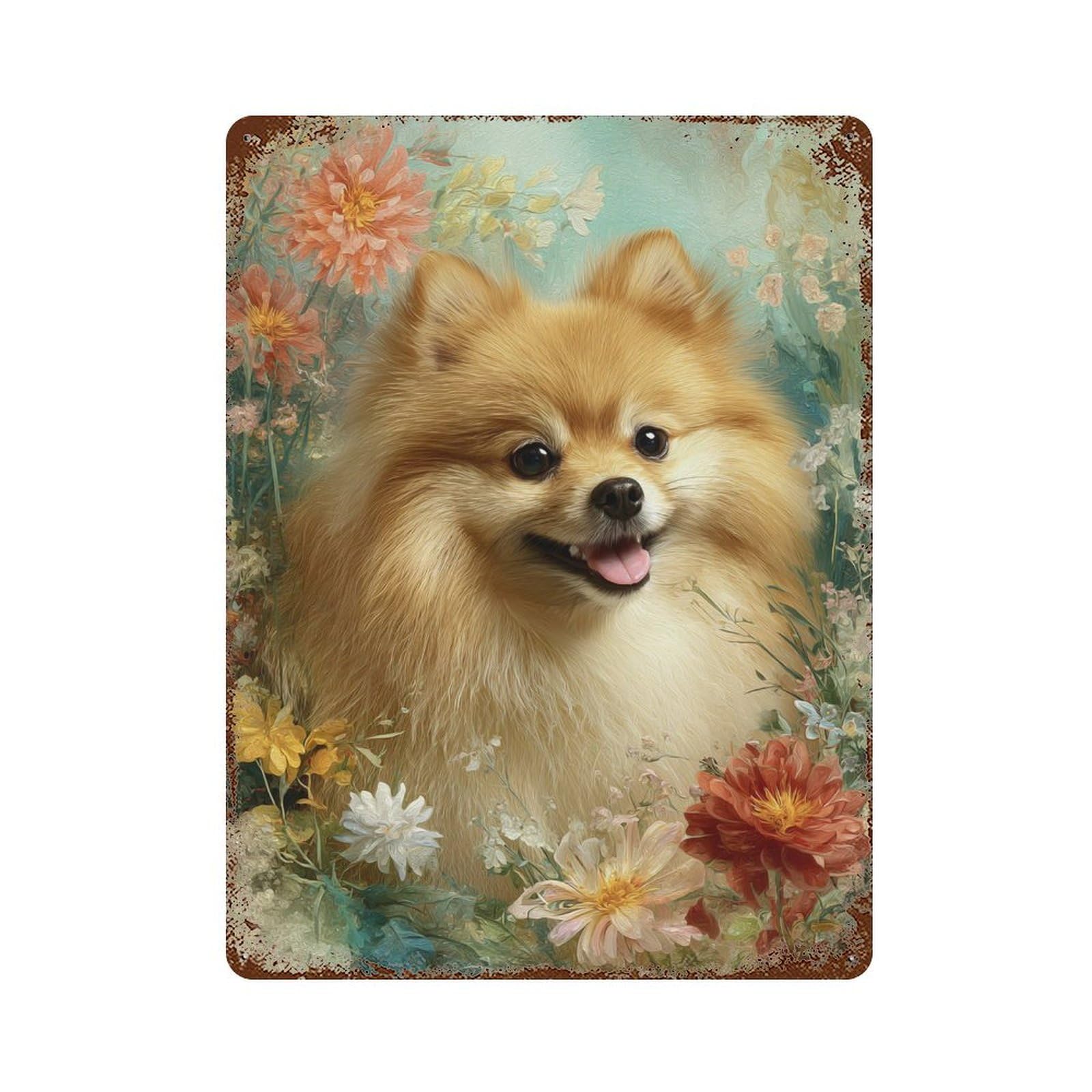 Pomeranian Dog with Flowers Vintage Rust Metal Sign 15.7"x11.8", Shabby Chic Decor for Shed, Workshop And Garage Wall Decor