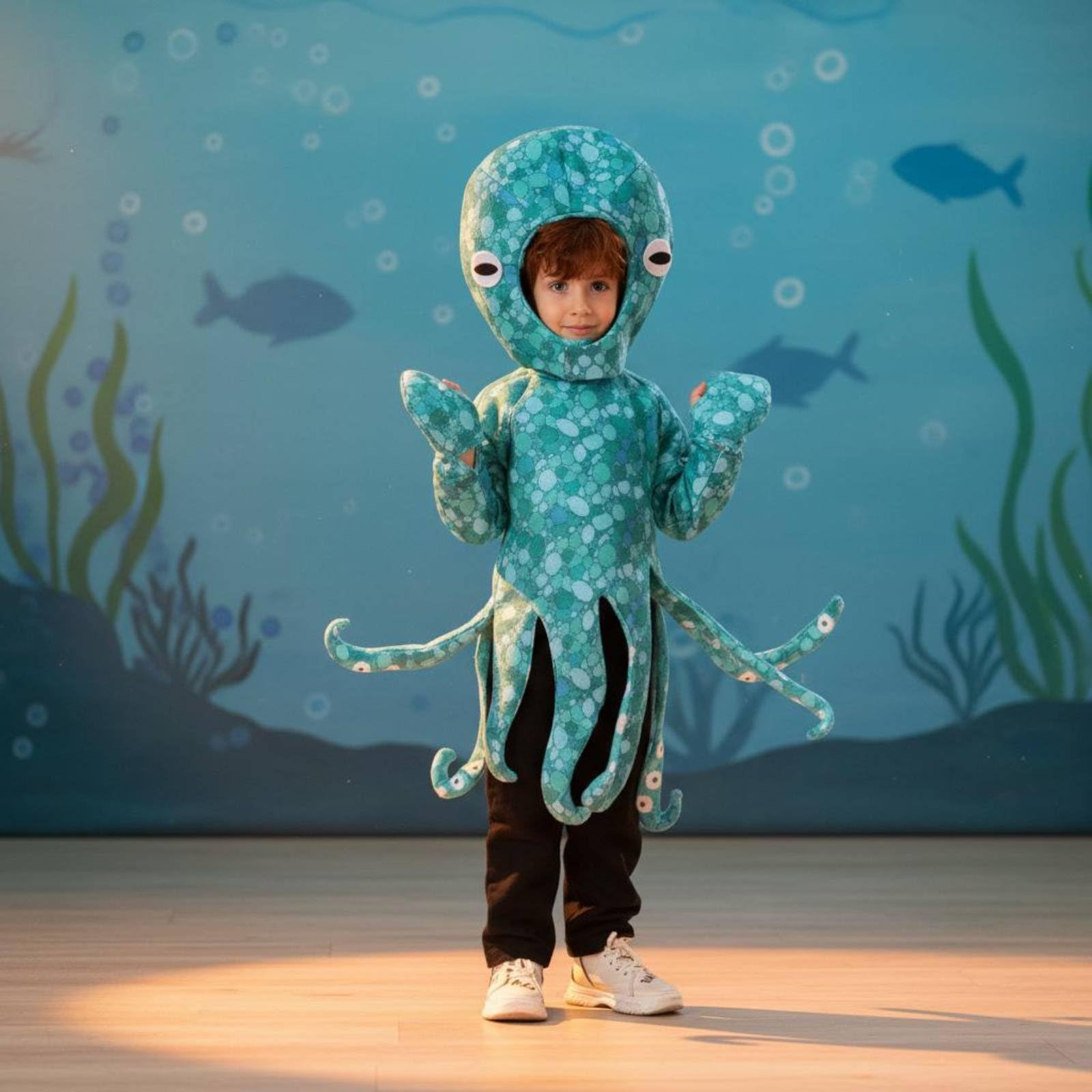 rockible Costume Polpo Bambini Completo Travestimento Tuta Unica Cappuccio Personaggio Marino Tentacoli Dinamici in Poliestere Comodo per Giochi di Ruolo