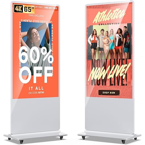 MWE 65 Inch 4K Digital Signage Display Kiosk, Indoor Floor Standing Advertising Display Poster, LCD Commercial Display with Auto Media Player, Android System, HDMI/USB/WiFi, White
