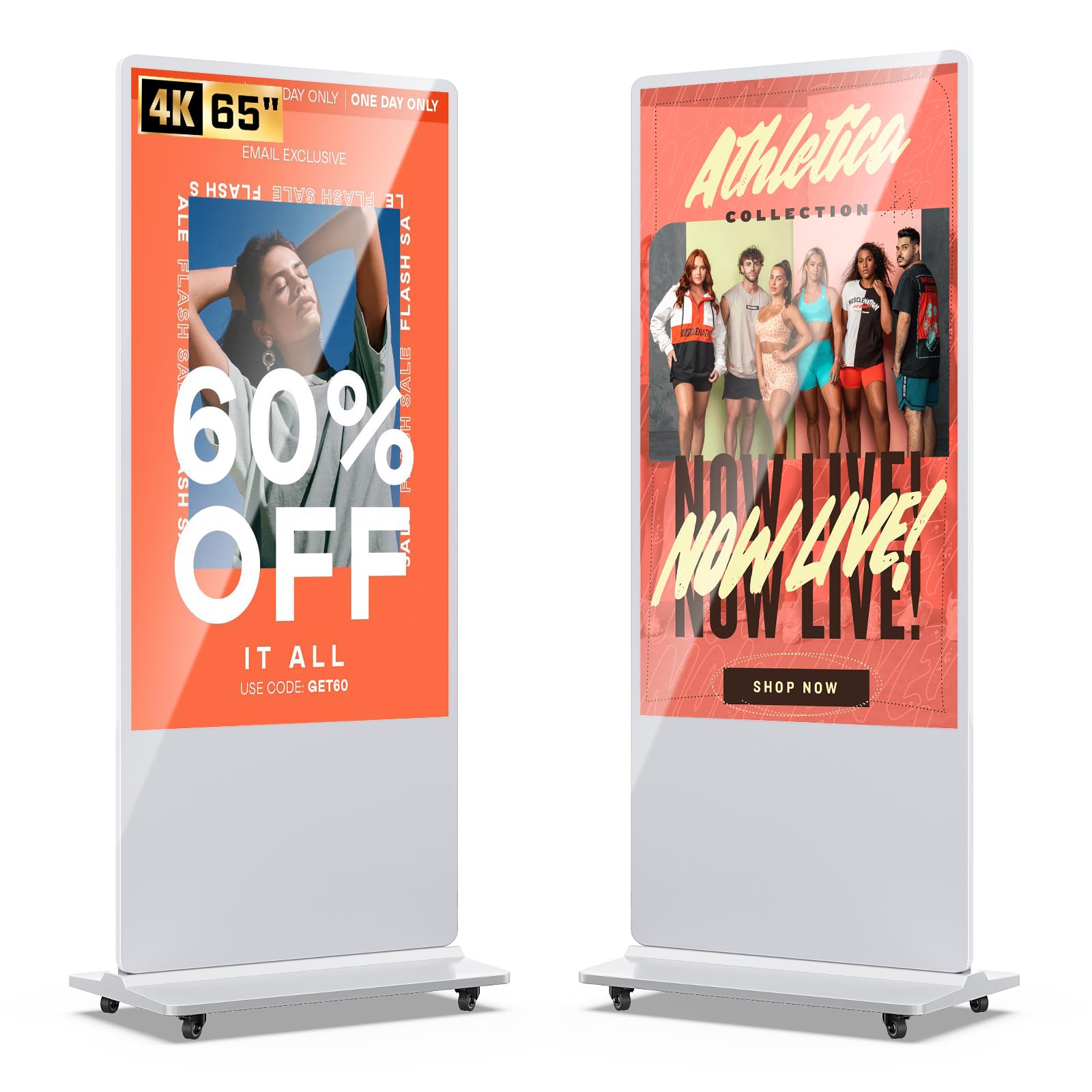 QIXZOCV 65 Inch 4K Digital Signage Display Kiosk, Indoor Floor Standing Advertising Display Poster, LCD Commercial Display with Auto Media Player, Android System, HDMI/USB/WiFi, White