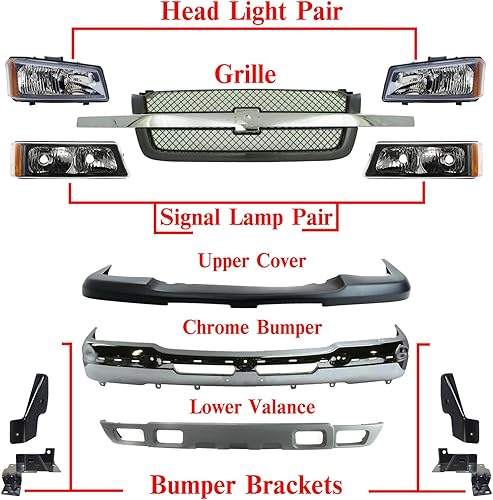 Miniatura 2 de Parachoques delantero cromado + rejilla + cubierta superior + cenefa + juego de soportes + lámpara de cabeza y señal de repuesto directo lateral