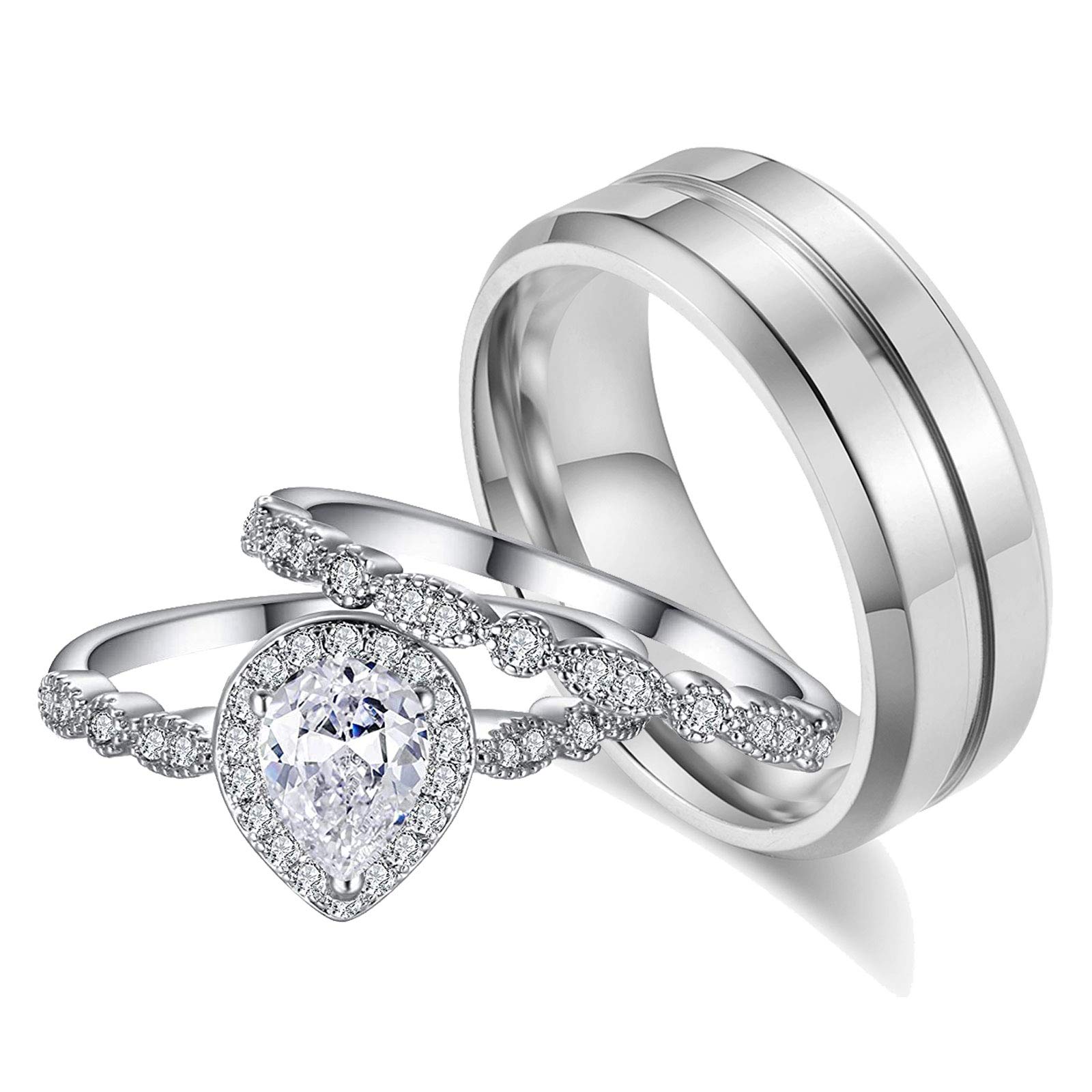 CEJUG Teardrop Wedding Ring Sets for Him and Her Women Men Titanium Stainless Steel Bands Cz 18k Gold Plated Pear Couple Rings