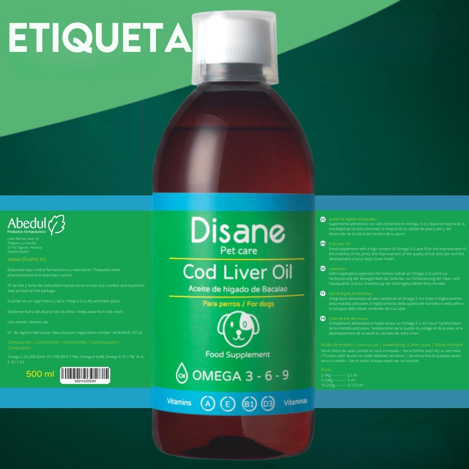 DISANE Aceite de Hígado de Bacalao Perros | 500ml| Suplemento Natural para Cuidado de Las Articulaciones y el Pelaje | Fuente de Omega 3 y Vitaminas para Perros