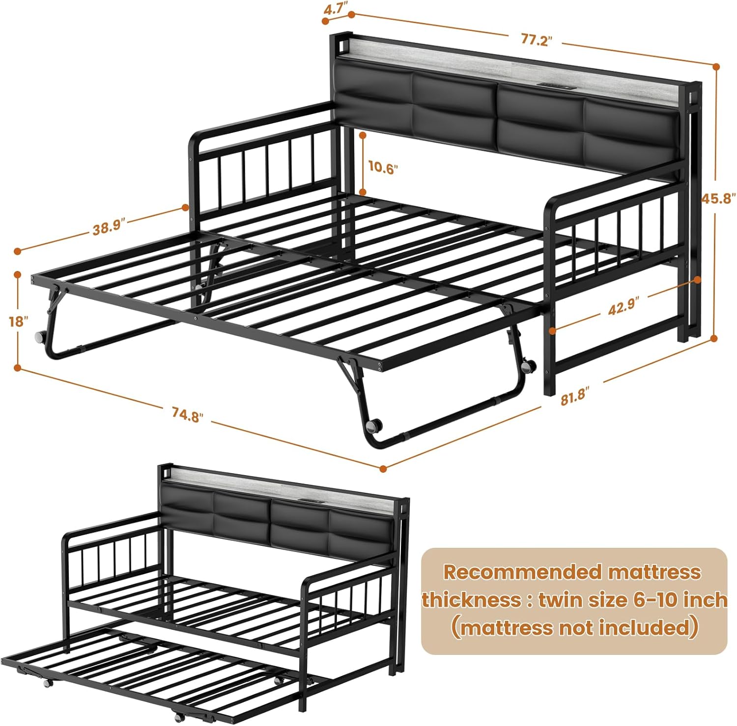 Homieasy Daybed dimensions diagram, showing overall length, width, and height, as well as trundle dimensions and recommended mattress thickness.