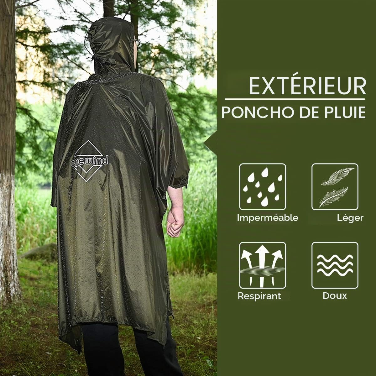 onewind Poncho de pluie à capuche, manteau de pluie en silnylon, abri de survie polyvalent, imperméable, respirant, léger