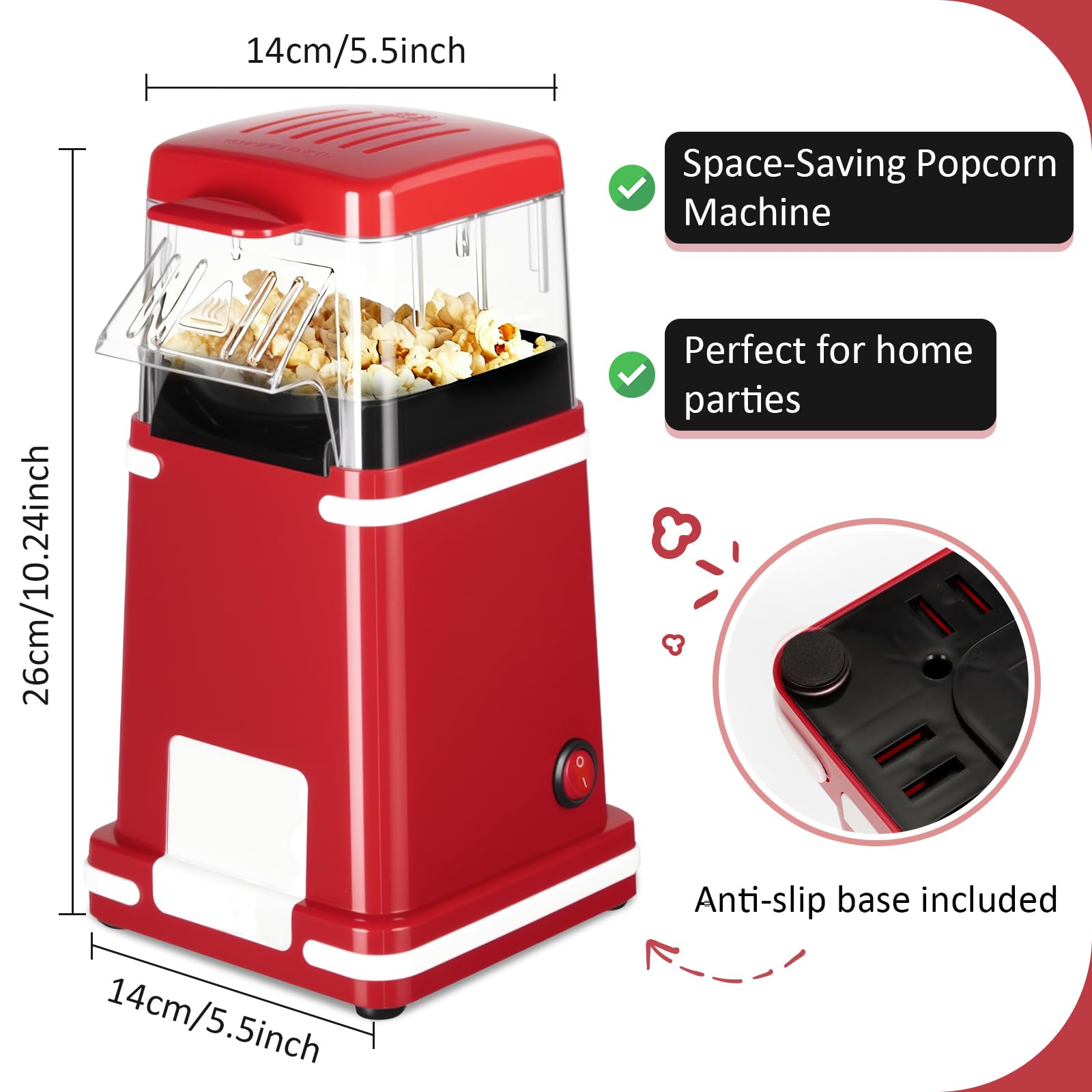 VINATO Macchina Popcorn, Aria Calda 1200W Senza Olio Macchina Popcorn, 1 Pulsante, Prepara Popcorn in Soli 2 Minuti Ideale per Casa e Viaggi