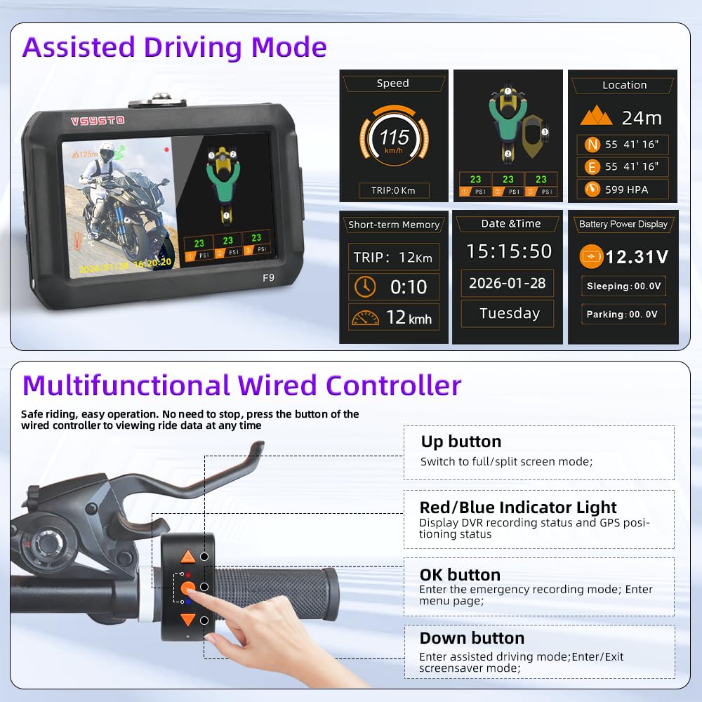 VSYSTO Dashcam per moto WiFi a tre ruote, 3 sensori di pressione pneumatici, schermo da 4'', grandangolo 150°, visione notturna Starlight, modalità di visualizzazione assistita Sistema DVR moto