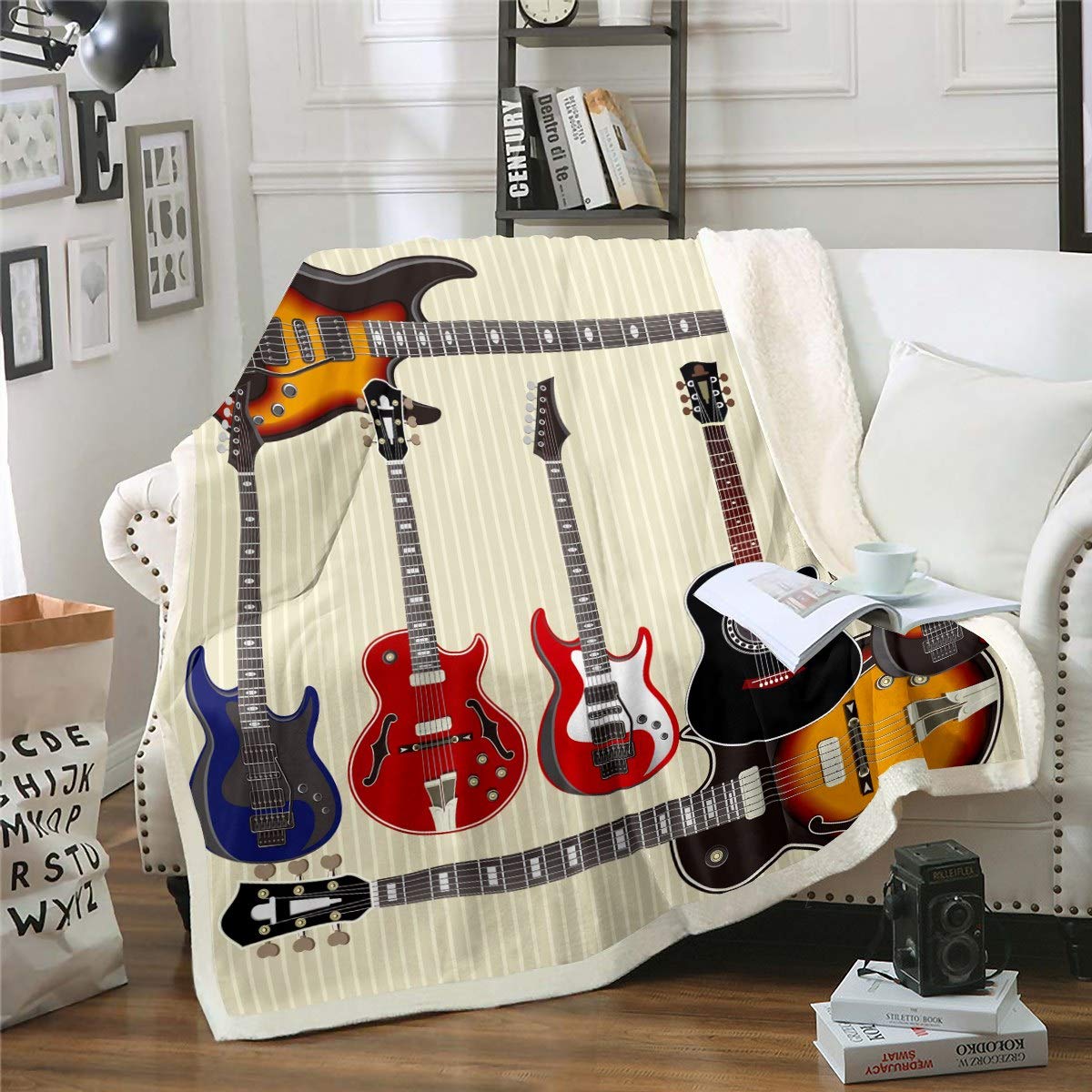 Loussiesd Boys Multicolored 7 3D Electric Guitar Fleece Blankets Kids Teens Rock Music Theme Sherpa Blanket Musical Instrument Throw Blanket Luxury Stripe Plush Blankets,Room Decor Fuzzy Blanket Single 50"X60"