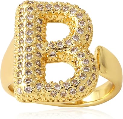 Initial Rings for Women Gold Rhinestone Chunky Puffy Open Adjustable Party Birthday Fashion Jewelry Gifts