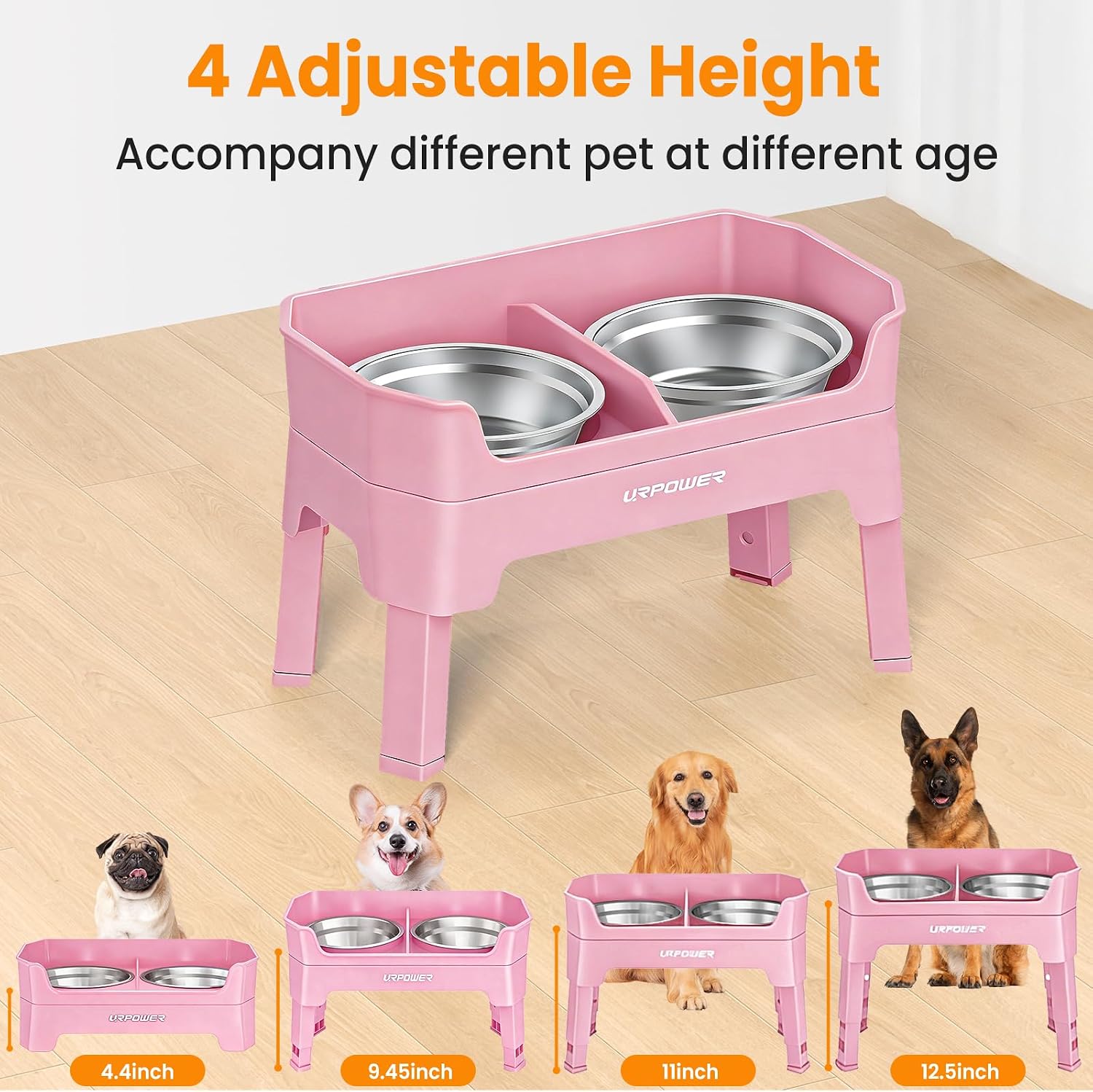 URPOWER 3-in-1 Elevated Dog Bowls - Mess Proof Double Deck 4 Height Adjustable Raised Stand with 2 Stainless Steel Food Bowls and Licking Plate for Small Medium & Large Dogs