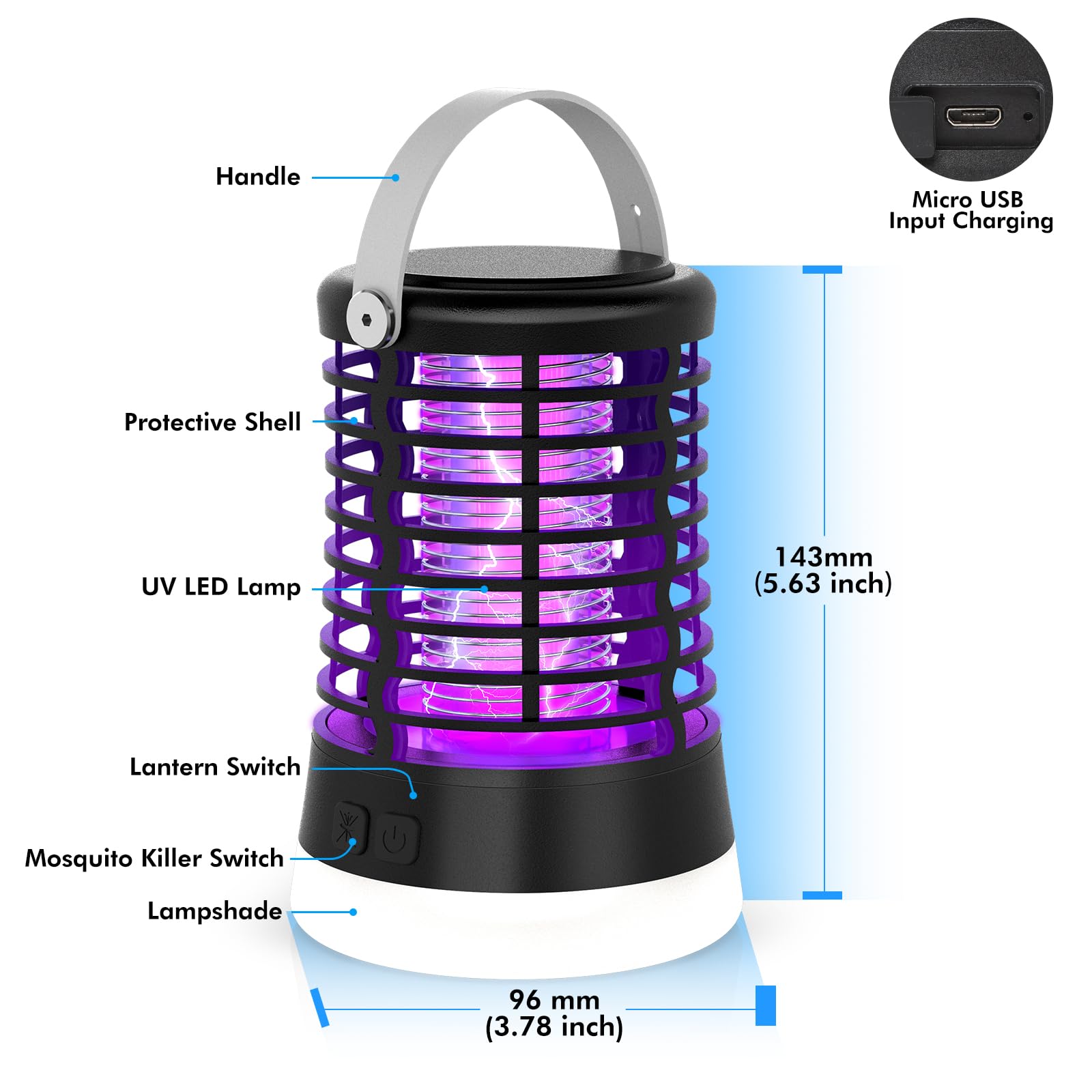 Lampe Anti Moustique Exterieur, Appareil Anti Moustique pour Camping avec Lumière LED, Destructeur d'Insectes, USB Rechargeable, IP66 Étanche, Batterie 2200mAh, Piege à Moustique Electrique
