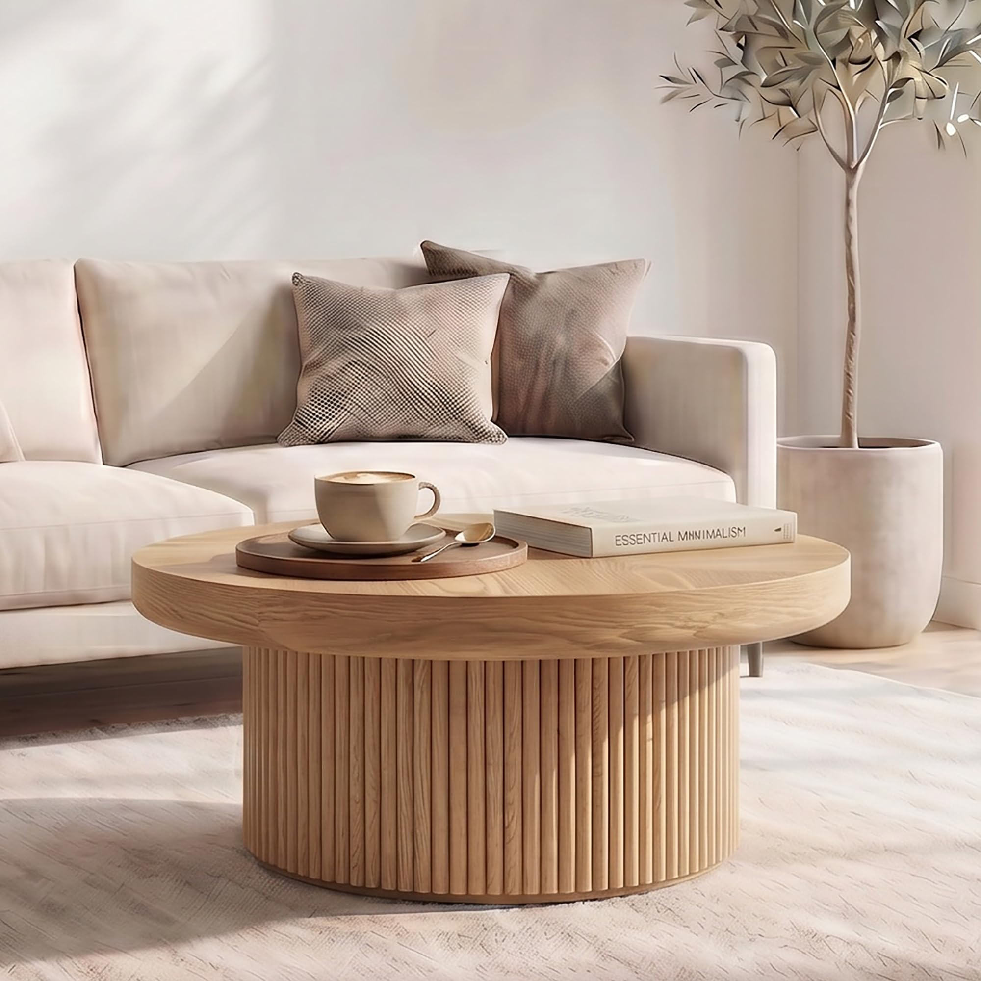 Couchtisch mit Parquet Pattern Top, Modern Round CoffeeTable,78cm | Fluted Design,Kid & Pet Friendly