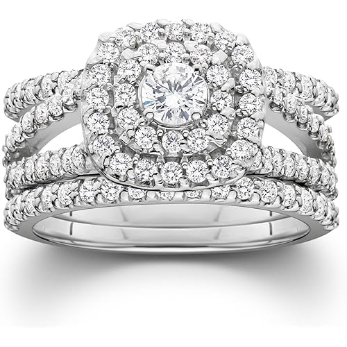 P3 POMPEII3 Pompeii 1 1/4ct Diamond Engagement Cushion Halo Wedding Ring Trio Set 10K White Gold