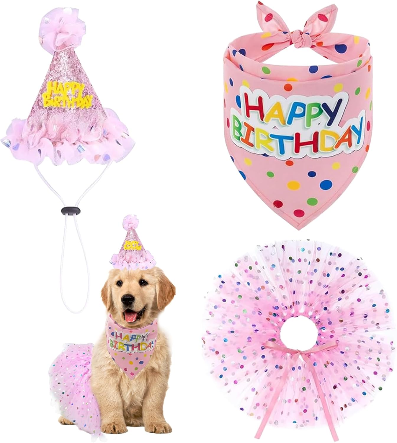 Dog Birthday Clothing Set, Reusable Dog Birthday Hat, Bandana And Dress, Pink Pet Party Clothing For Small Medium Large Dogs