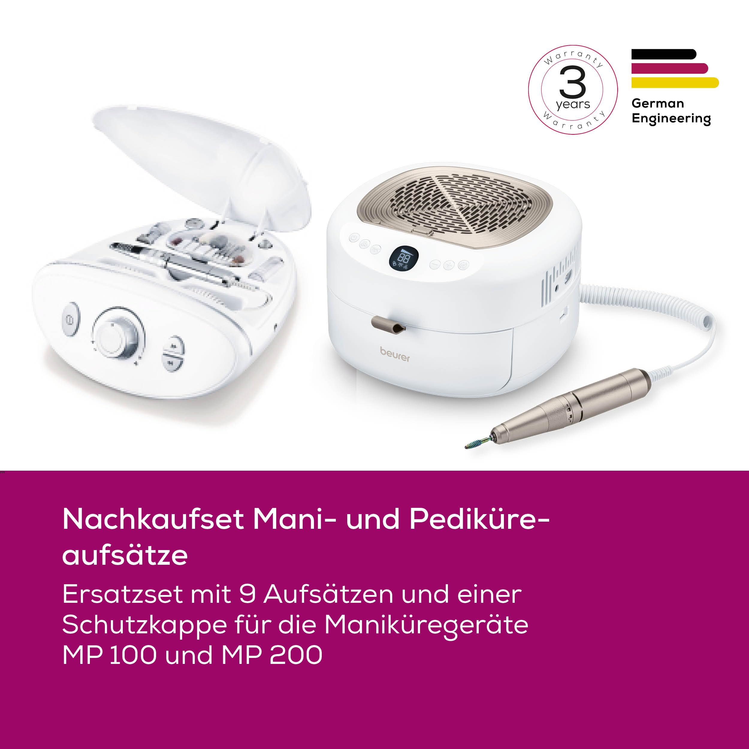 Beurer MP 100/ MP 200 Nachkaufset für die MP 100 und MP 200 Maniküregeräte, 10 Nagelfräser Aufsätze aus Saphir, Keramik und Filz, 30 Einwegaufsätze aus Sandpapier, mit Schutzkappe für Nagelstaub