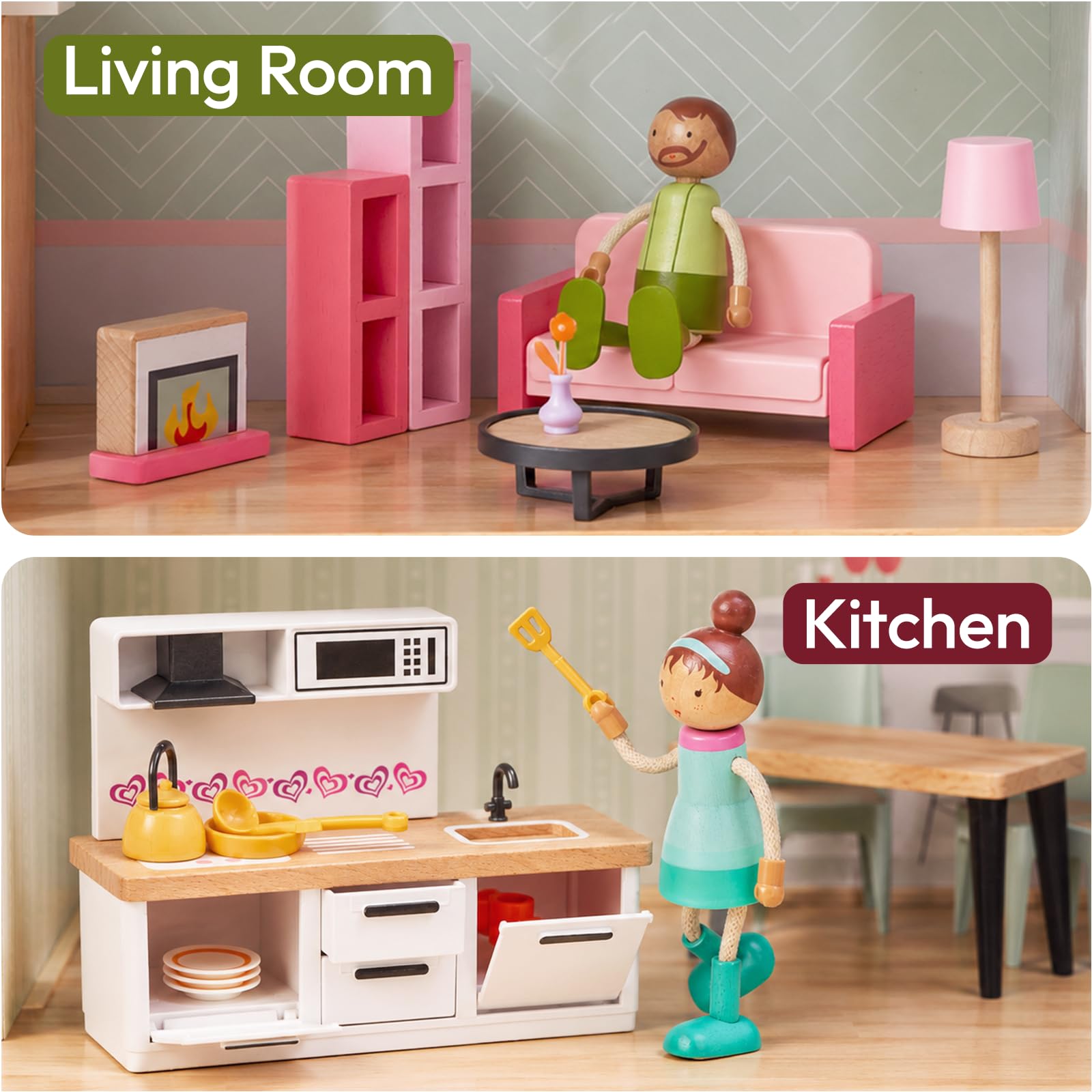 Giant bean Set di mobili per casa delle bambole in legno con bambole per 5 stanze, accessori per casa delle bambole rosa in legno e plastica, 36 pezzi, giocattoli per giochi di Natale, regalo di