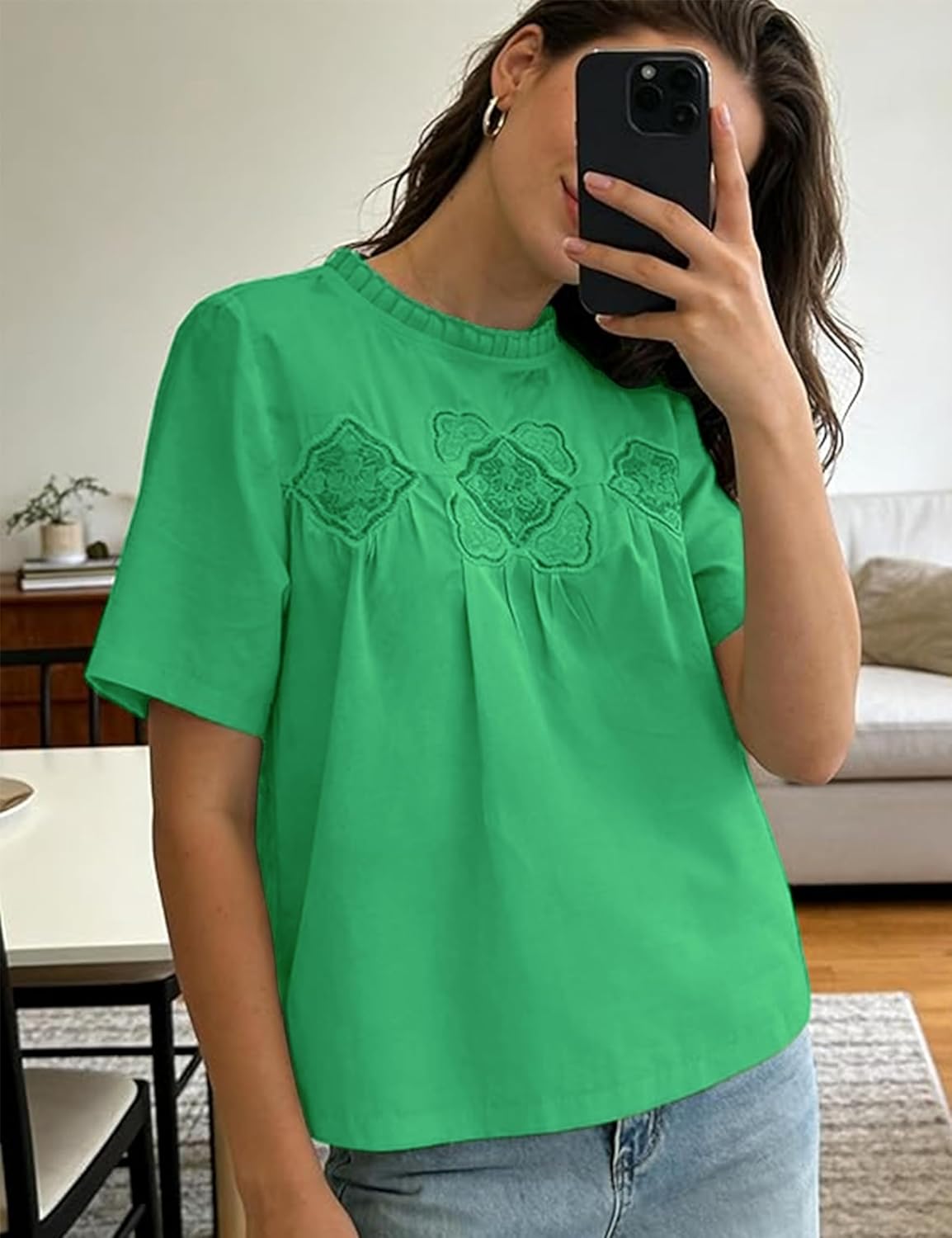 Women Ruffle Crew Neck Blouse Short Sleeve Lace Embroidered Loose Fit Babydoll Casual Tops for Spring Summer