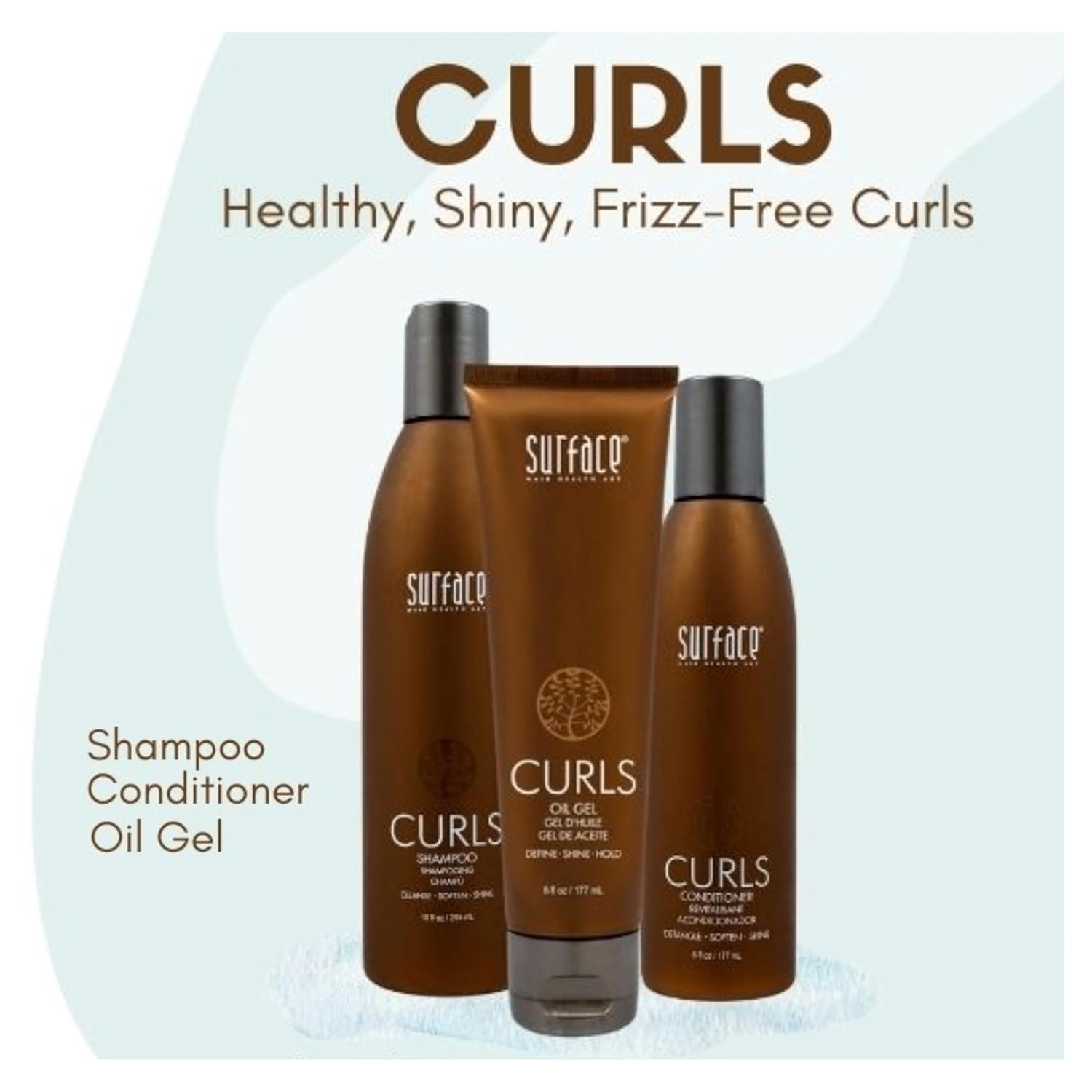 Surface Hair Instant Curl-Reviving Routine: Curls Shampoo and Curls Conditioner Plus Curls Oil Gel, 3-Piece Set