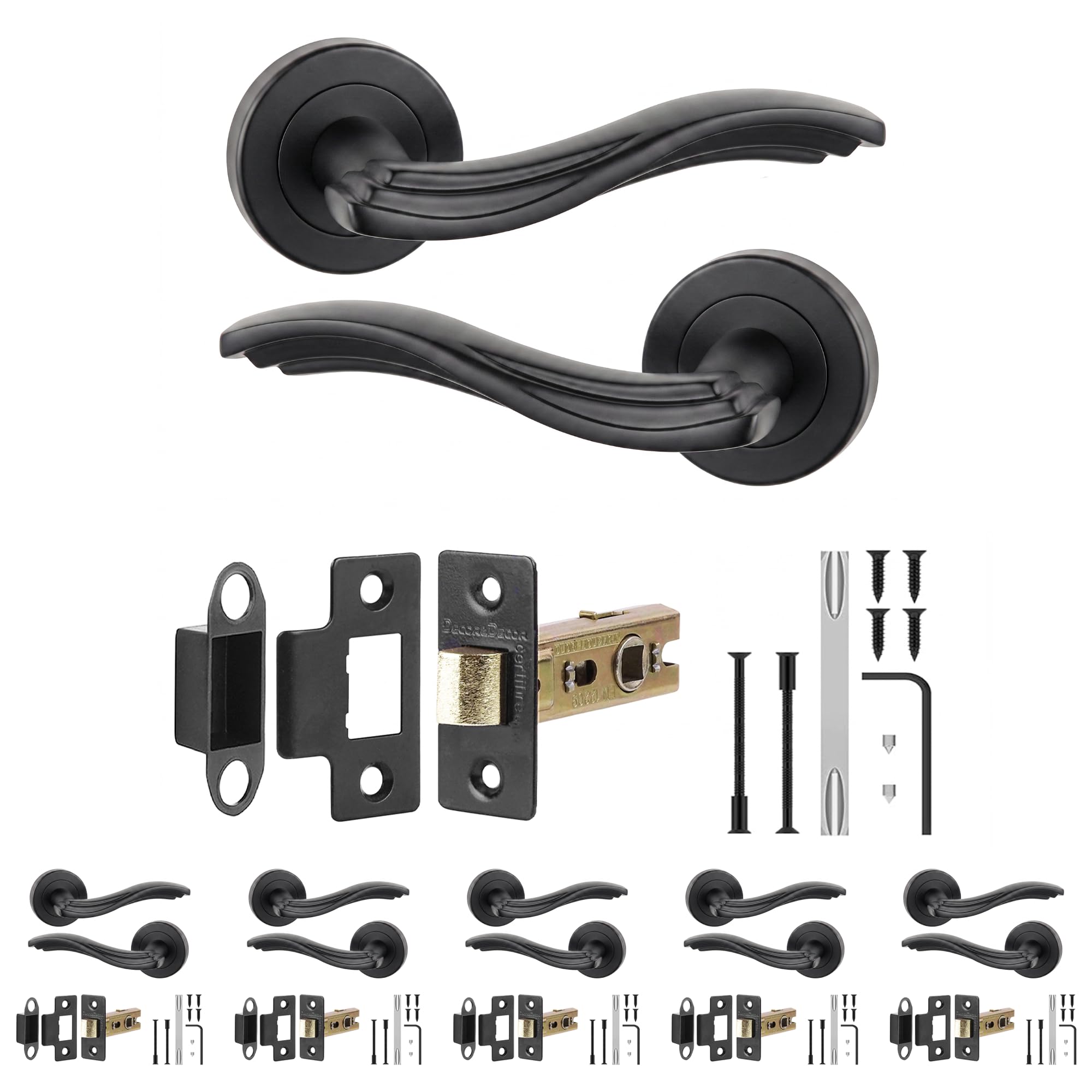 Decoranddecor Solace Matt Black Door Handles, Latch Kit 64mm 6 Pack