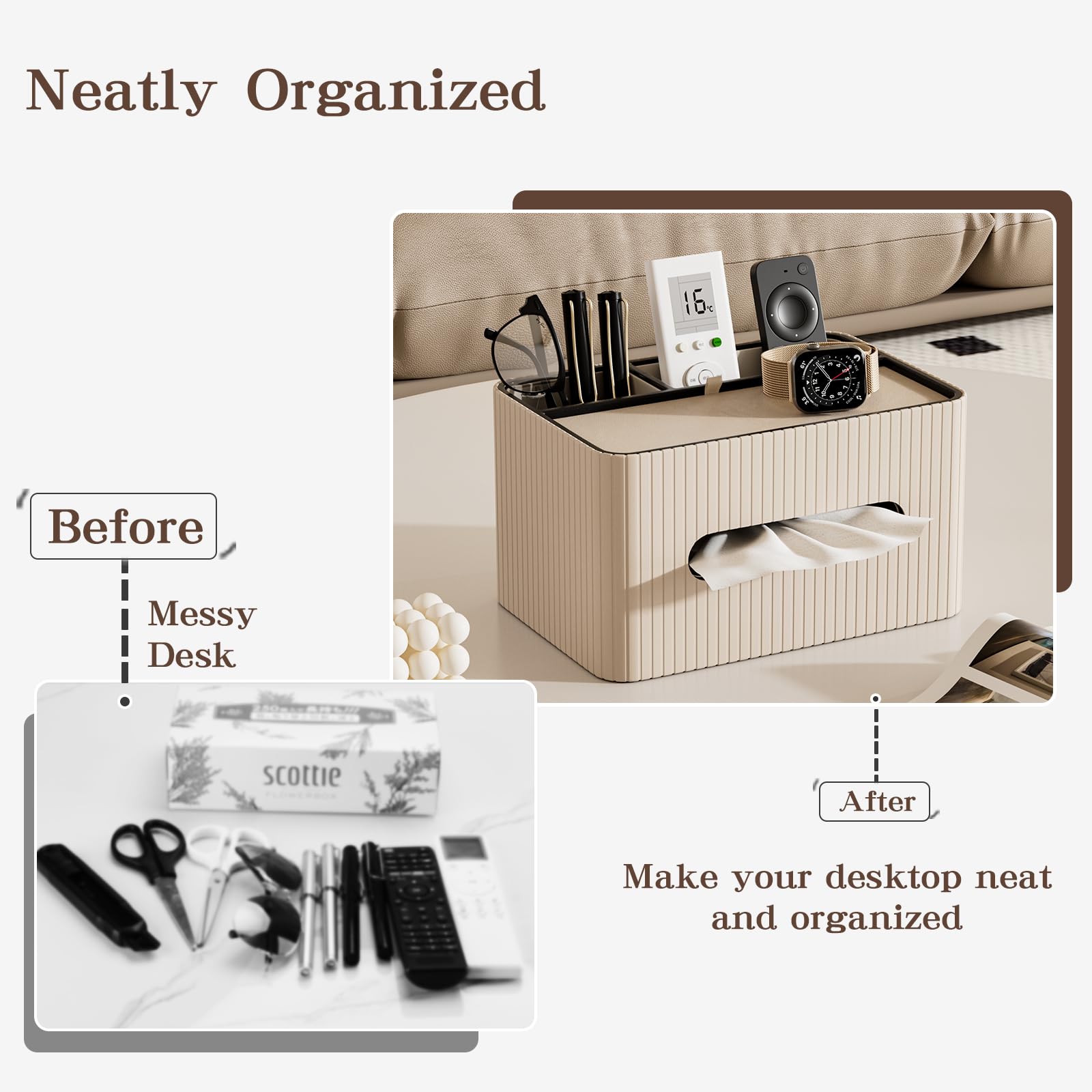 KINGFOM Kosmetiktücherbox aus PU Leder mit Ablage, Rechteckige Taschentuchbox mit 2 Fächern – Moderne Tissue Box Taschentuchspender für Wohnzimmer, Badezimmer & Büro, Tücherbox Organizer (Beige)