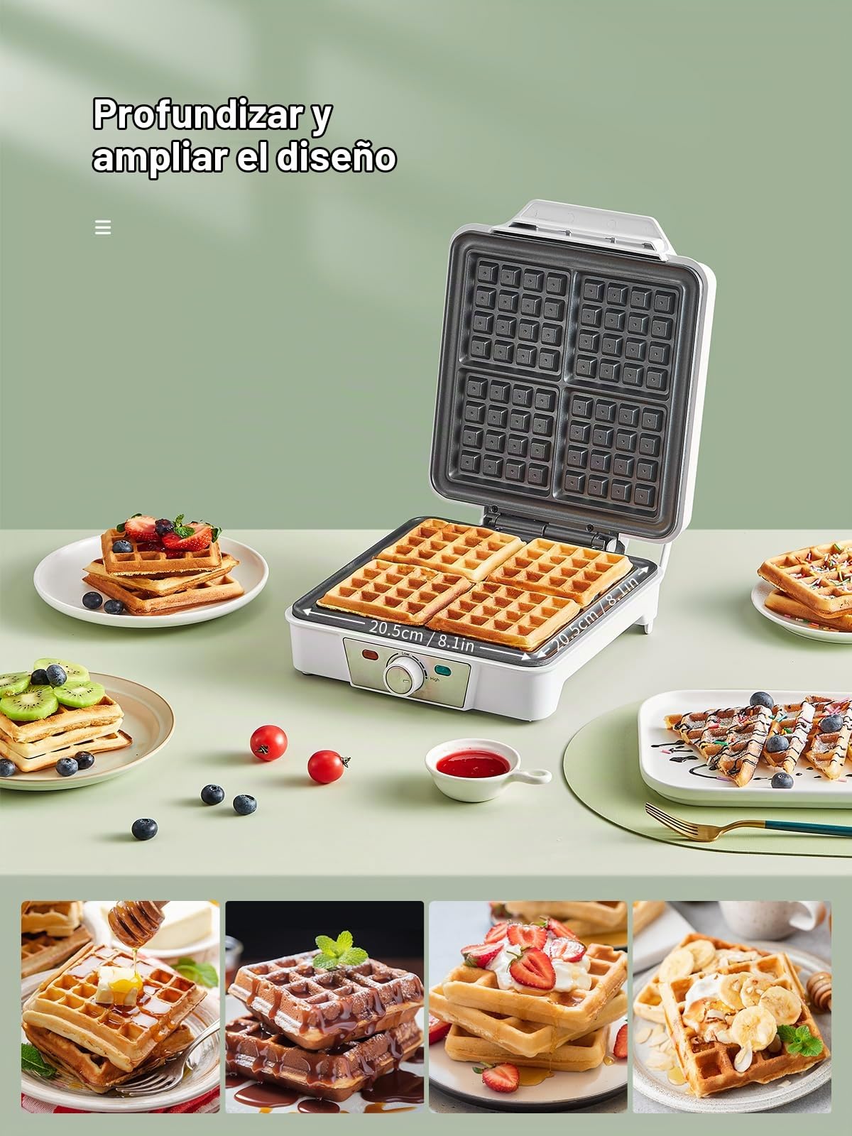 Gofrera Belga 4 Porciones – Gofrera Eléctrica 1200W con 5 Niveles de Dorado, Placas Antiadherentes, Sistema Antiderrames y Luces Indicadoras