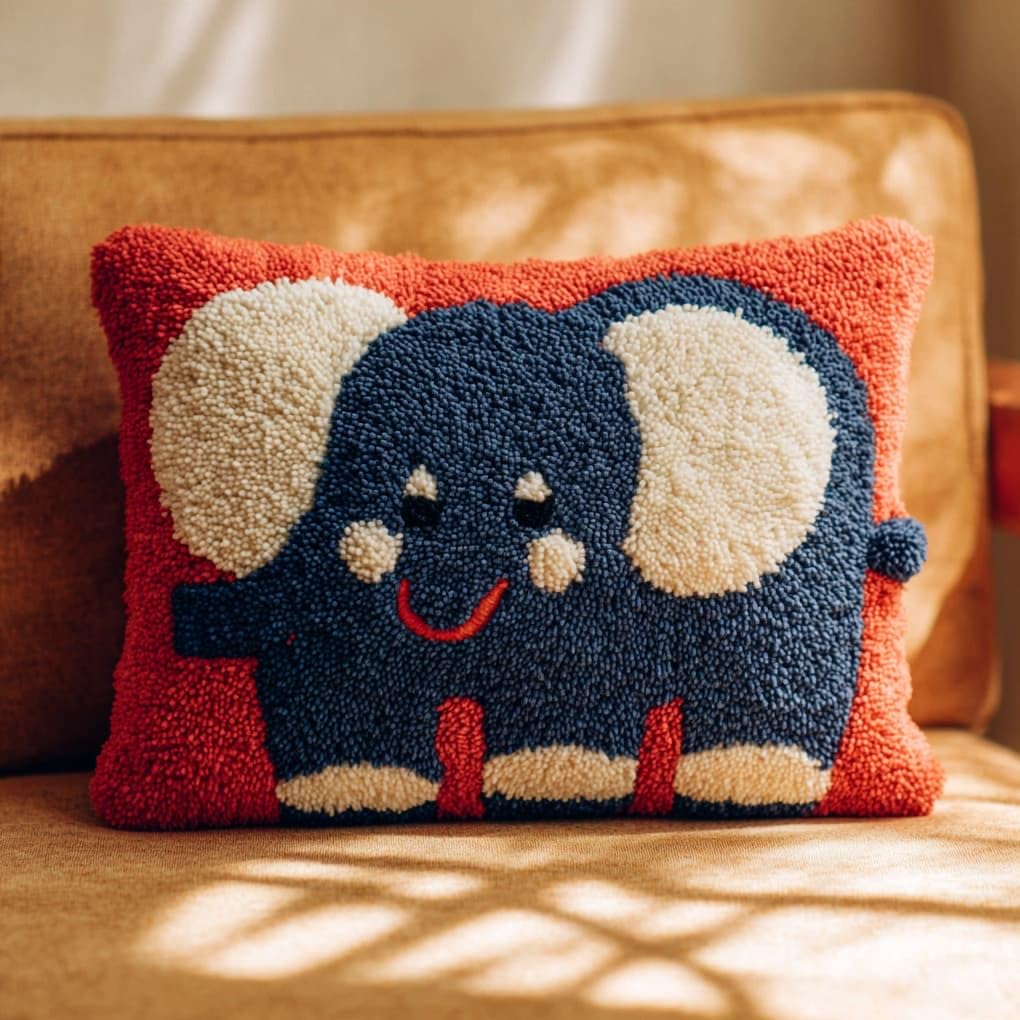 Henypt 17x17 Inch Latch Hook Kit,Smiling Elephant DIY Tapestry Rug Craft,Needlework Cushion Set,Pre-Cut Yarn & Printed Canvas Kit for Home Wall Decor