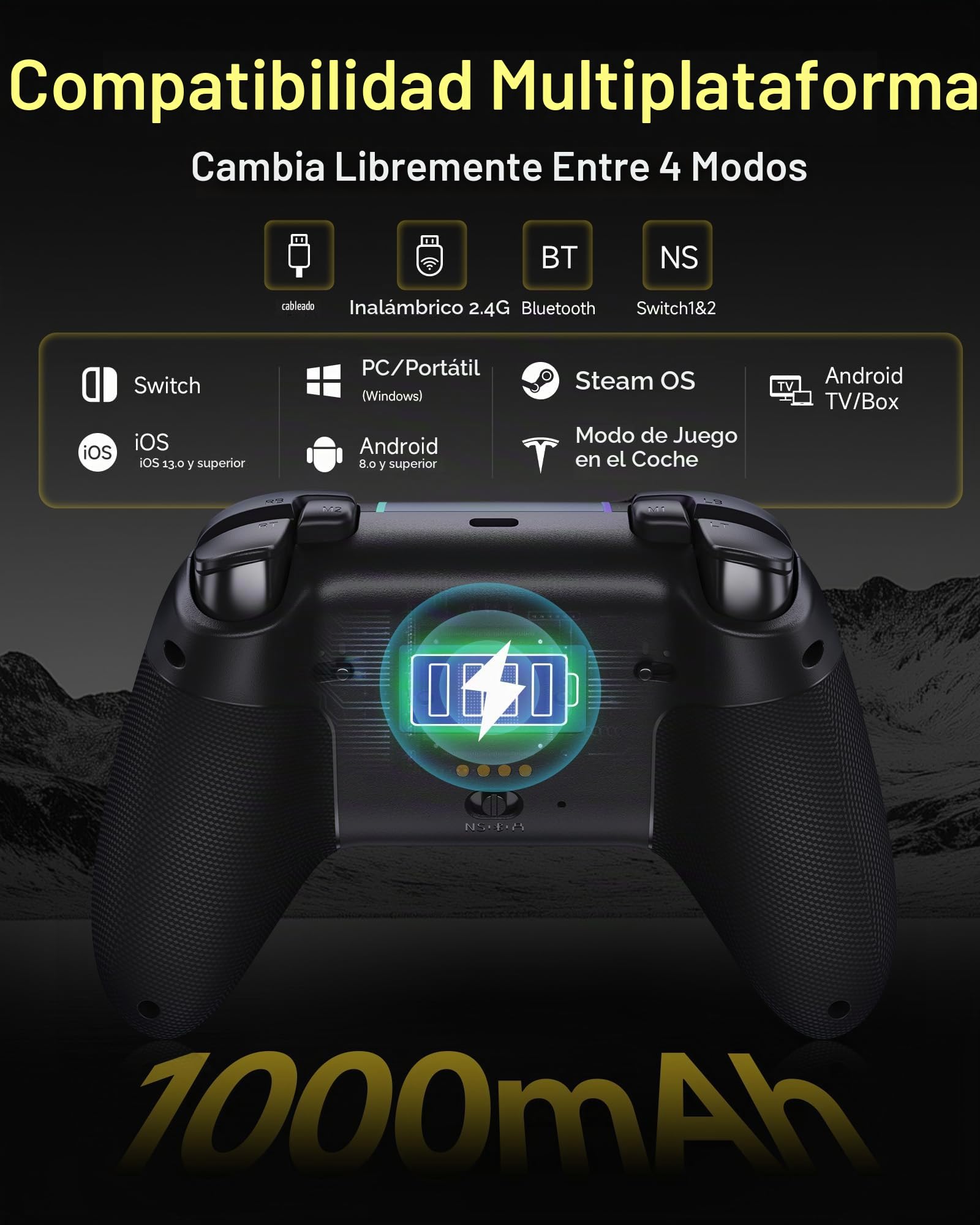 EasySMX X05Pro Mando PC Inalámbrico con Base, 1000Hz, Joysticks Hall, Botones Silenciosos, Gatillos de 2 Etapas, D-Pad 8 Direcciones, 1000mAh, 2 Botones Programables, PC/Switch/Android/iOS – Negro.