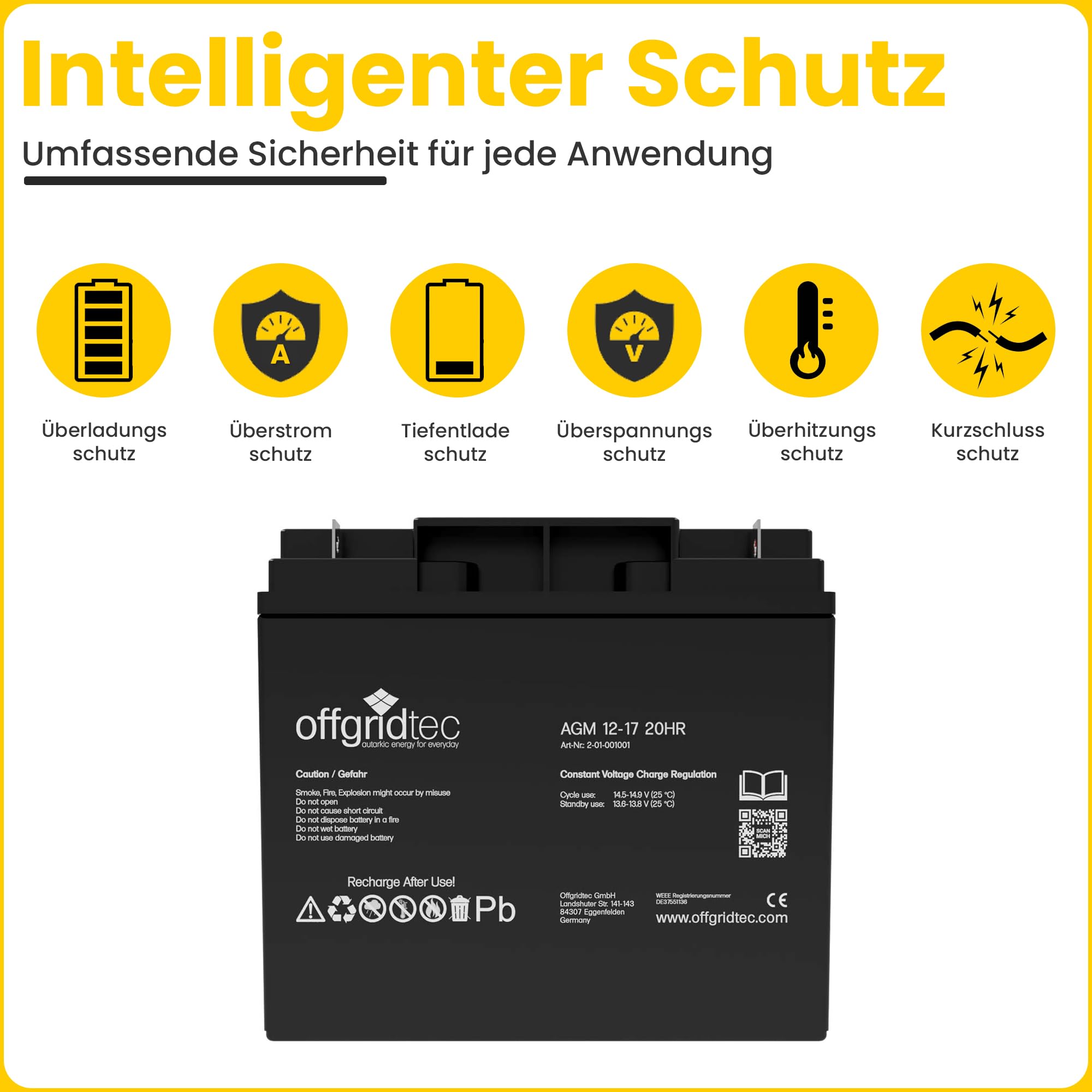 Offgridtec® Akumulator ołowiowy AGM 17Ah 12V odporny na cykle UPS zamiennik VRLA motocykl