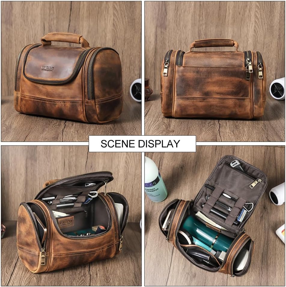 CONTACTS Crazy Horse Leather Toiletry Bag for Men Travel Bathroom Shaving Dopp Kit Toiletries Organizer Vintage Brown Cosmetic Bag Handbag