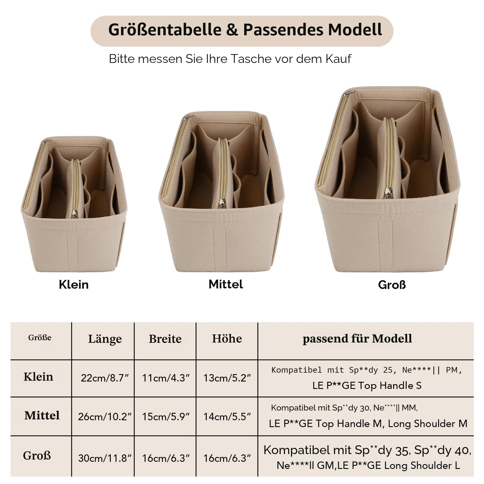 NOTAG Taschen-Organizer, Filztaschen-Organizer für Handtaschen, Multi-Taschen (Beige, L)