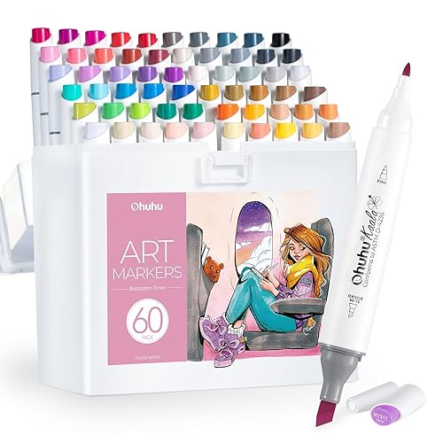 Ohuhu Alcohol Markers: 60 Colors Slim Broad and Fine Double Tipped Kaala Marker for Artists Adults Coloring Drawing Cartoon Anime Comic - Professional Art Pens with Ink Refillable Giftable Pen Set