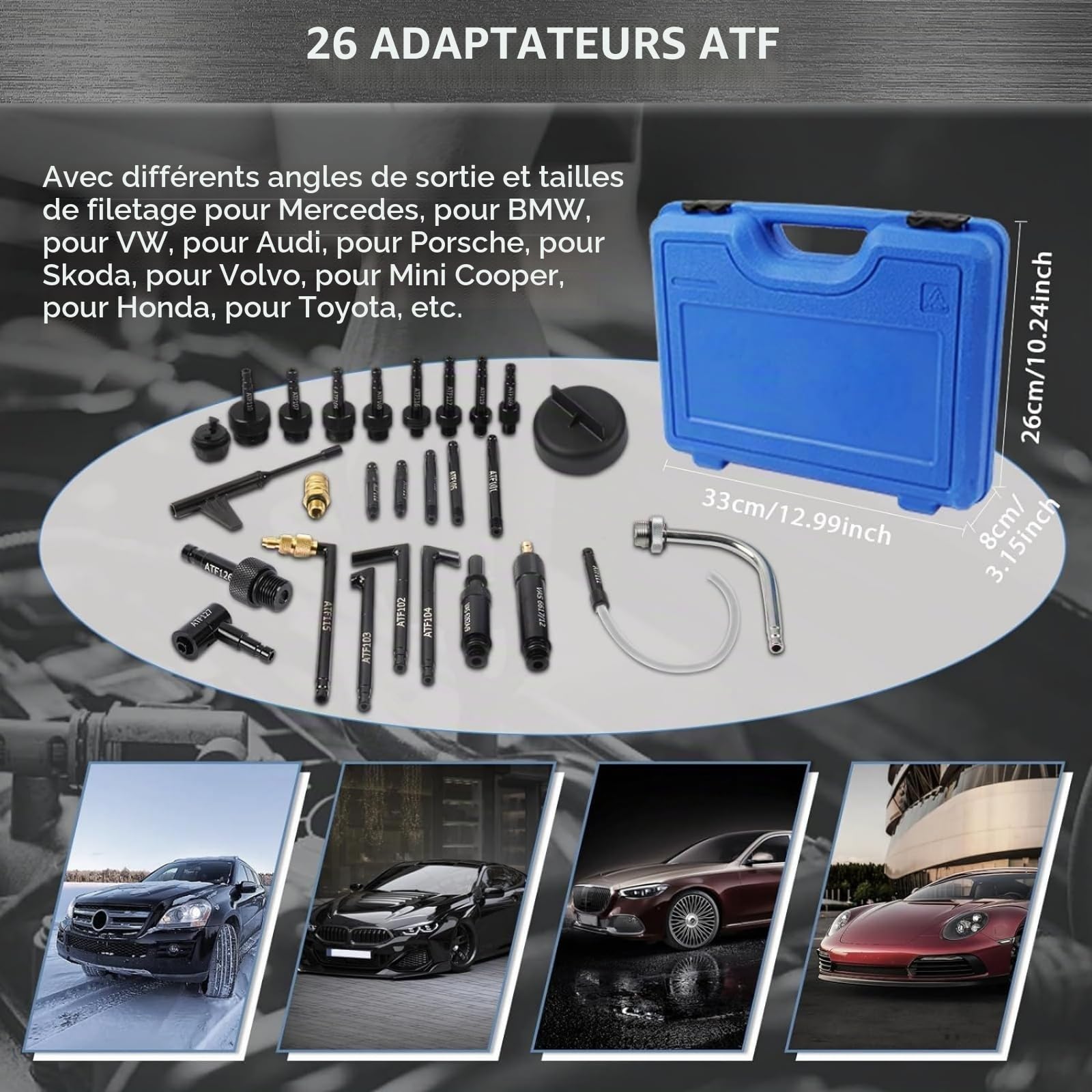 Pompe remplissage huile transmission 8L pneumatique 26 adaptateurs ATF