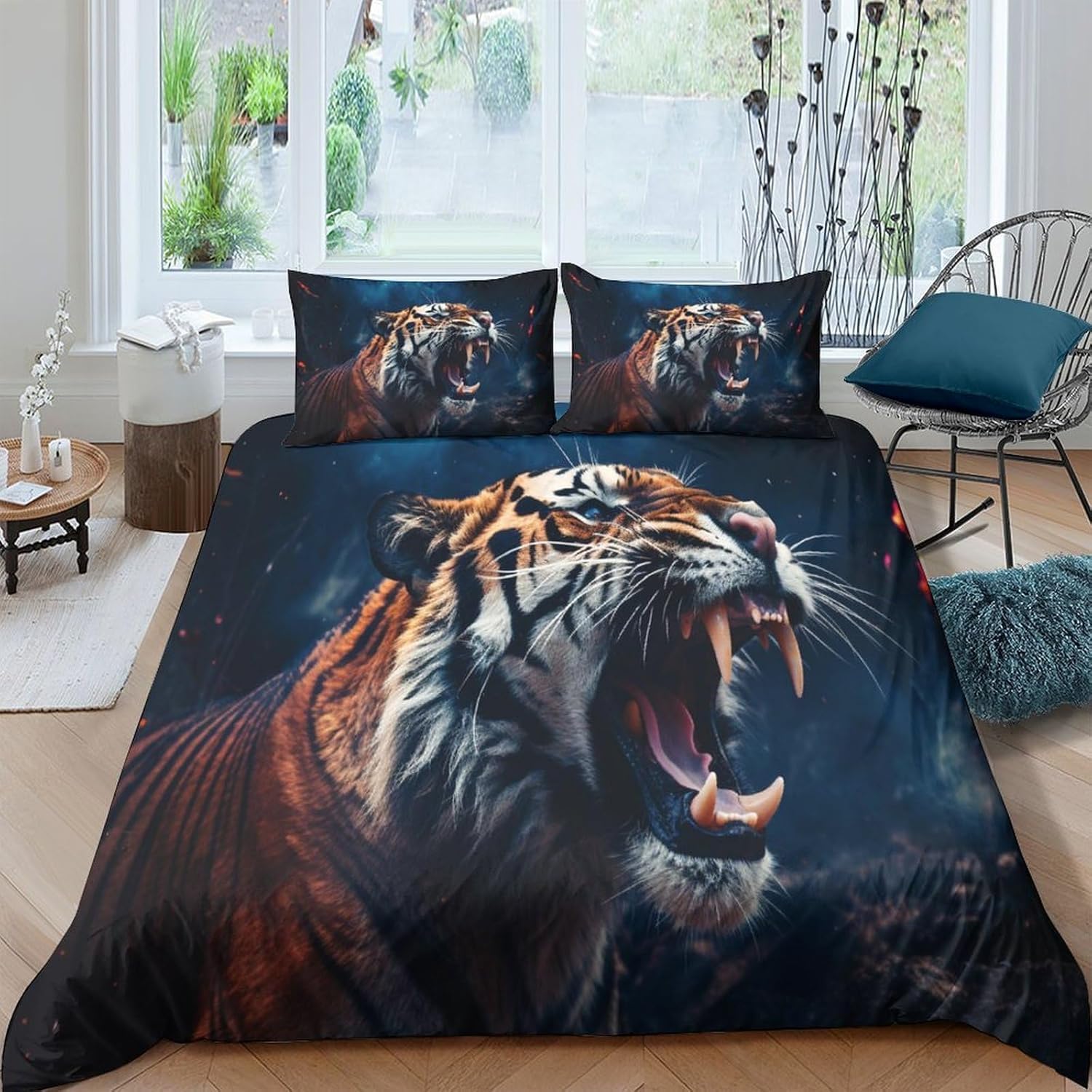 Housse de couette tigre 260x230 parure lit microfibre anti-allergique