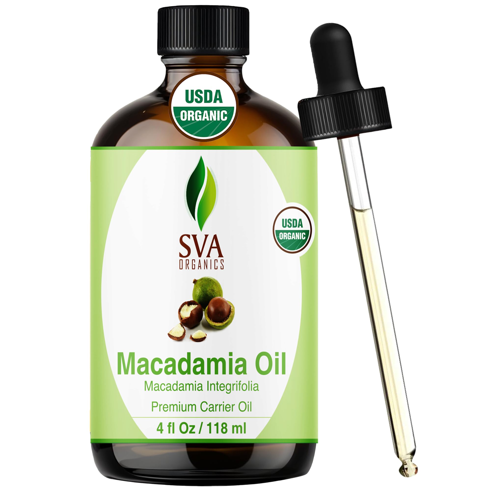 SVA Macadamia Seed Oil Organic - 4 Fl Oz – 100% Natural Cold Pressed Organic Macadamia Oil - for Face, Skin Care, Hair Care, Scalp Massage & Body Massage – Carrier Oil with Dropper