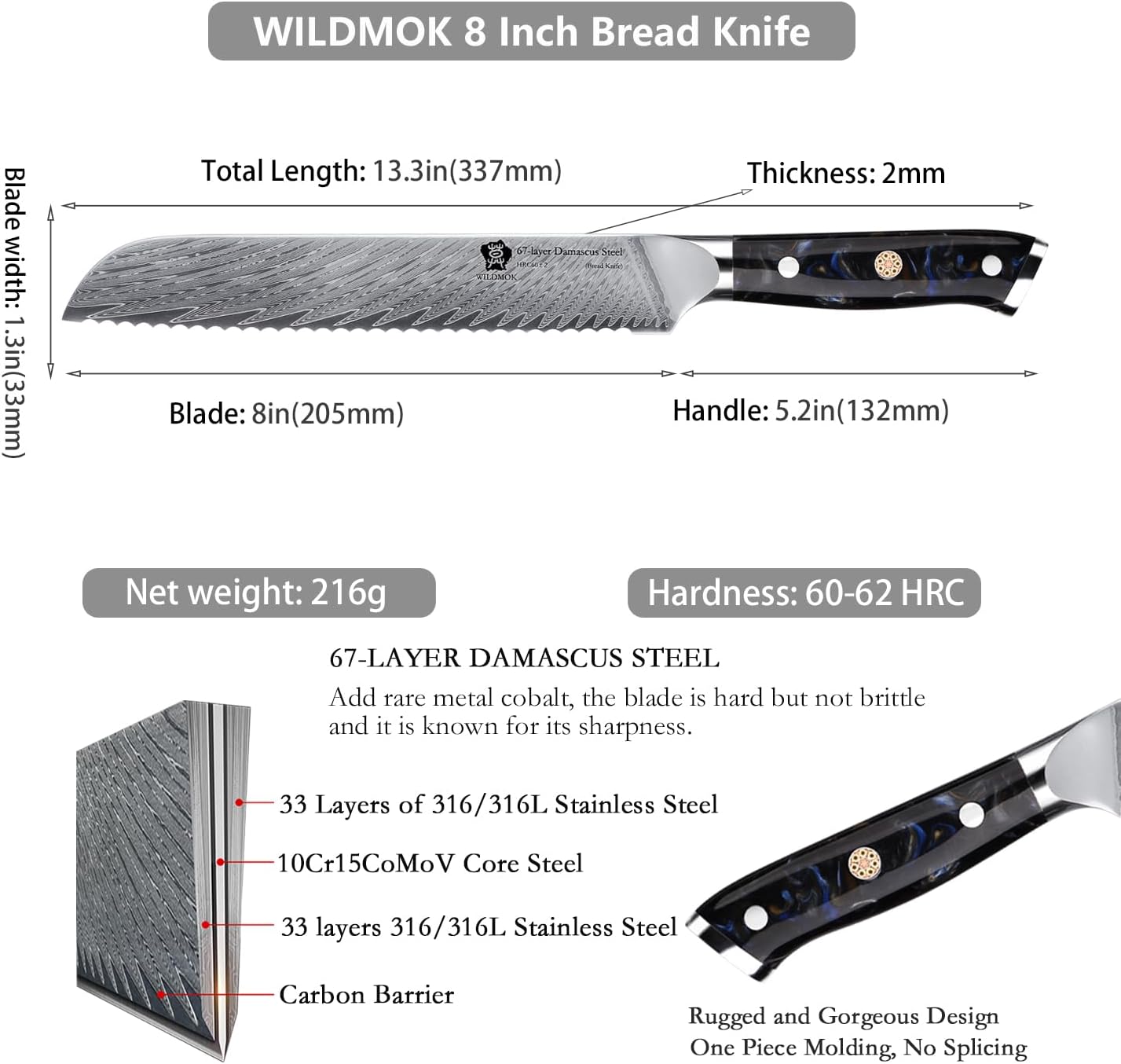 WILDMOK Damascus Serrated Steel Bread Knife, 8 inches Serrated Bread Knife, Ergonomic Full Tang Resin Handle, Razor Sharp Beautiful Damascus steel feather pattern with Luxury Gift Box