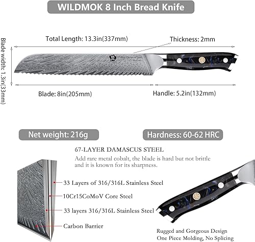 Miniatura 2 de WILDMOK Cuchillo de pan de acero dentado de Damasco, cuchillo de pan dentado de 8 pulgadas, mango ergonómico de resina de espiga completa, afilado y